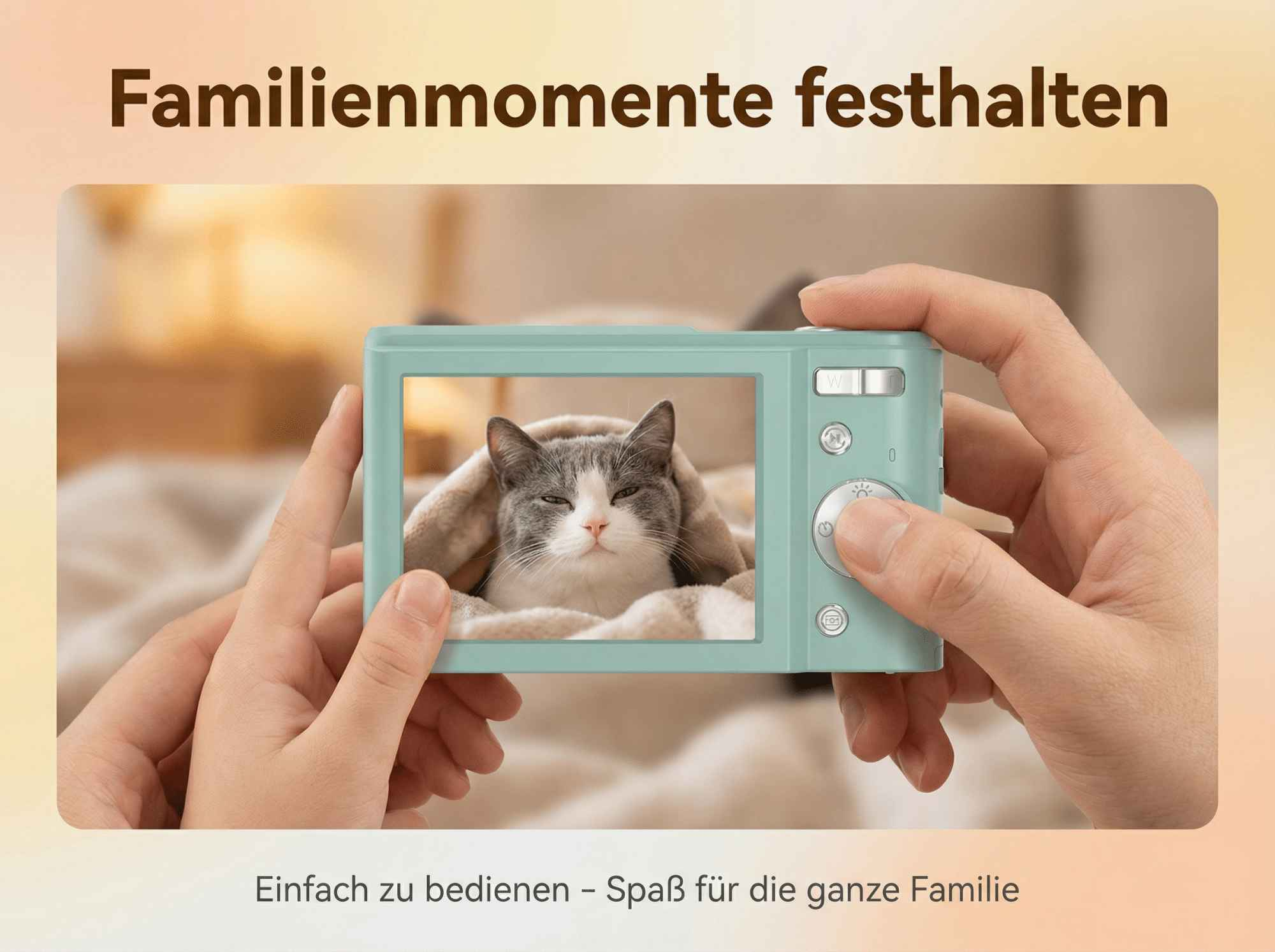 Eine hellblaue Kamera hält eine Katze in Decken fest. Hände bedienen die Kamera.