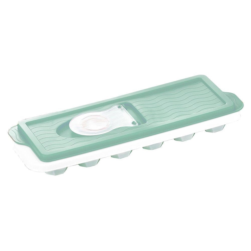 Una cubitera verde con tapa blanca y seis compartimentos.
