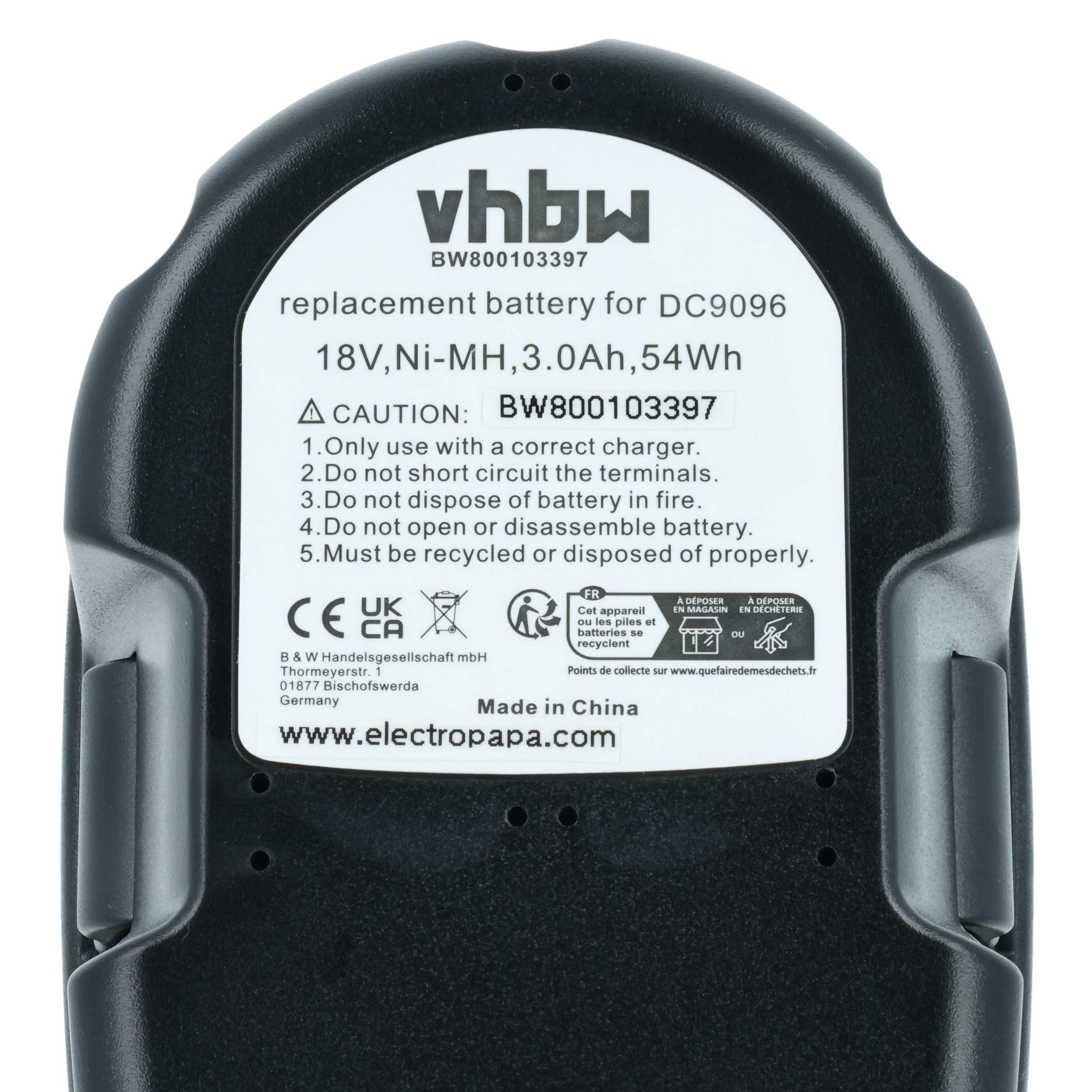 Schwarzer Akku mit weißem Etikett, 18V, Ni-MH, 3.0Ah, 54Wh für DC9096.
