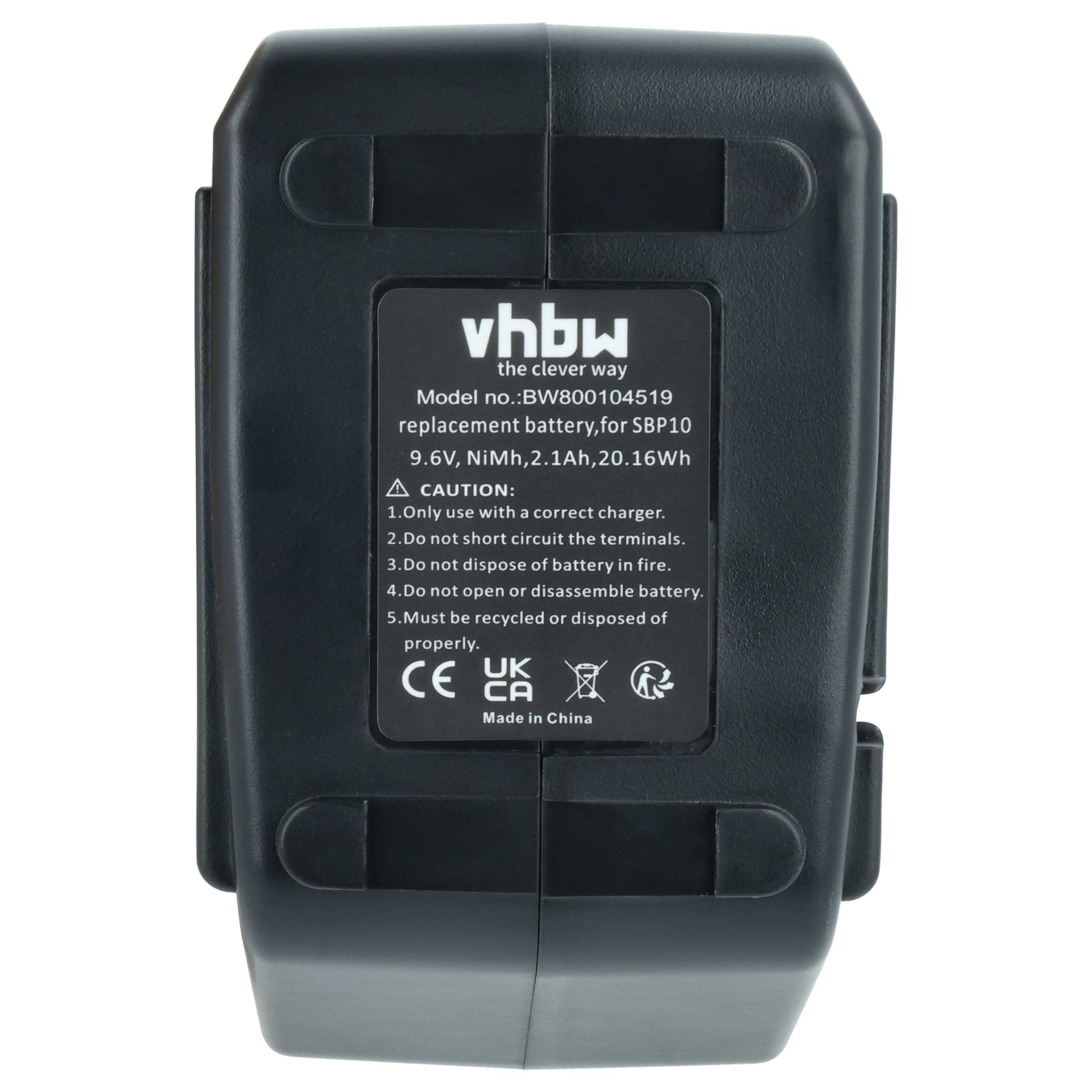 Schwarzer Akku mit Aufkleber: vhbw, Modell BW800104519, 9.6V, NiMh.
