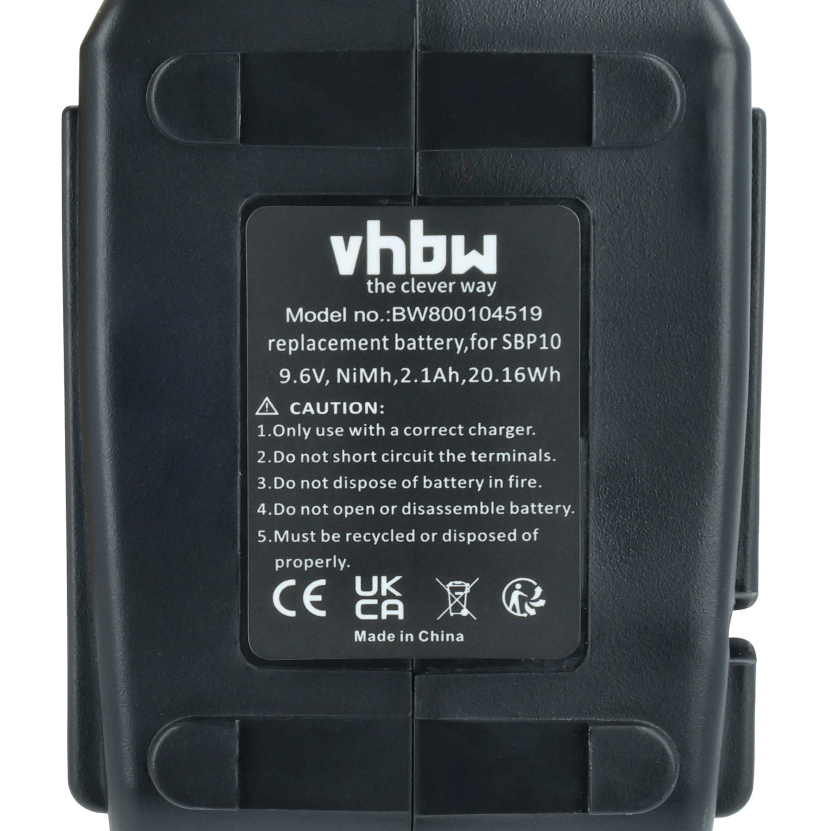 Schwarzer Akku mit Beschriftung, Modell BW800104519, 9.6V, NiMh, 2.1Ah.
