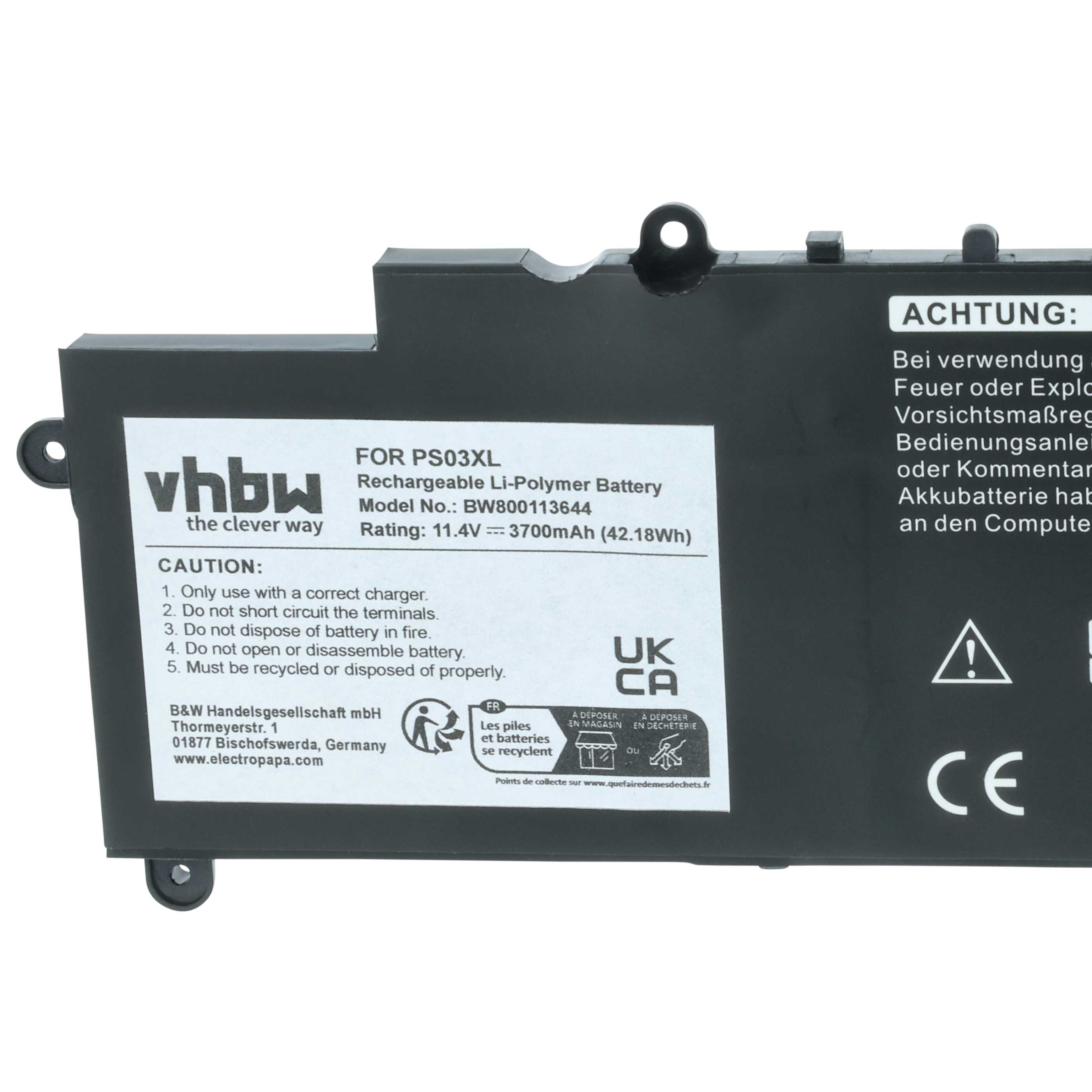 Schwarzer Li-Polymer Akku für PS03XL, 11.4V, 3700mAh. Mit Warnhinweisen.