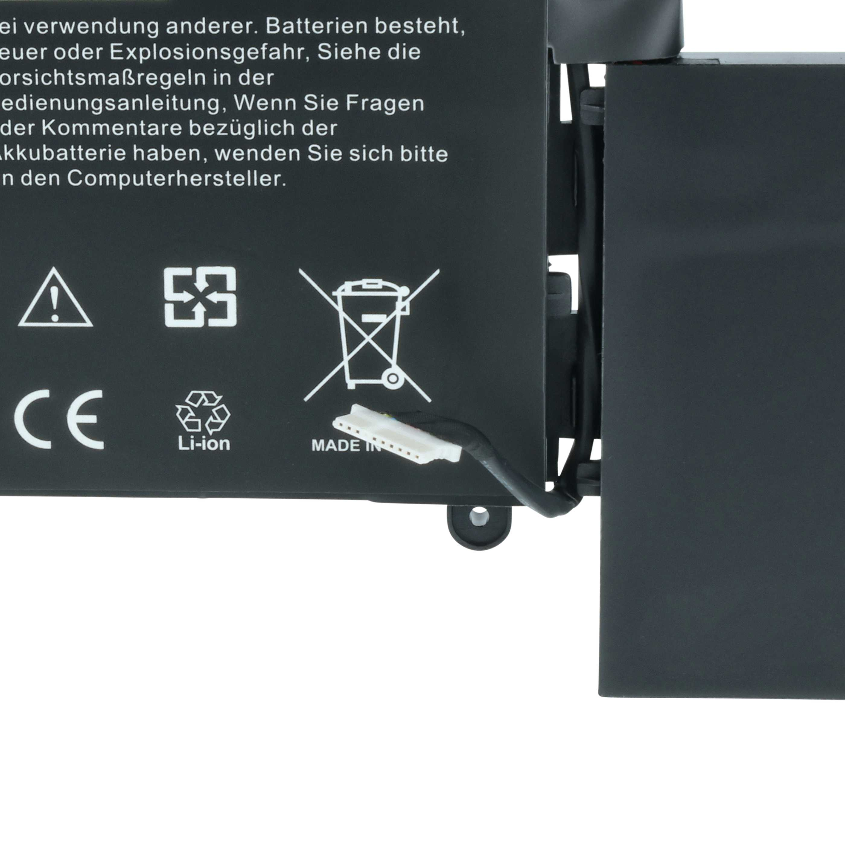 Schwarze Batterie mit Warnsymbolen: CE, Li-ion, Entsorgung verboten, Achtung.