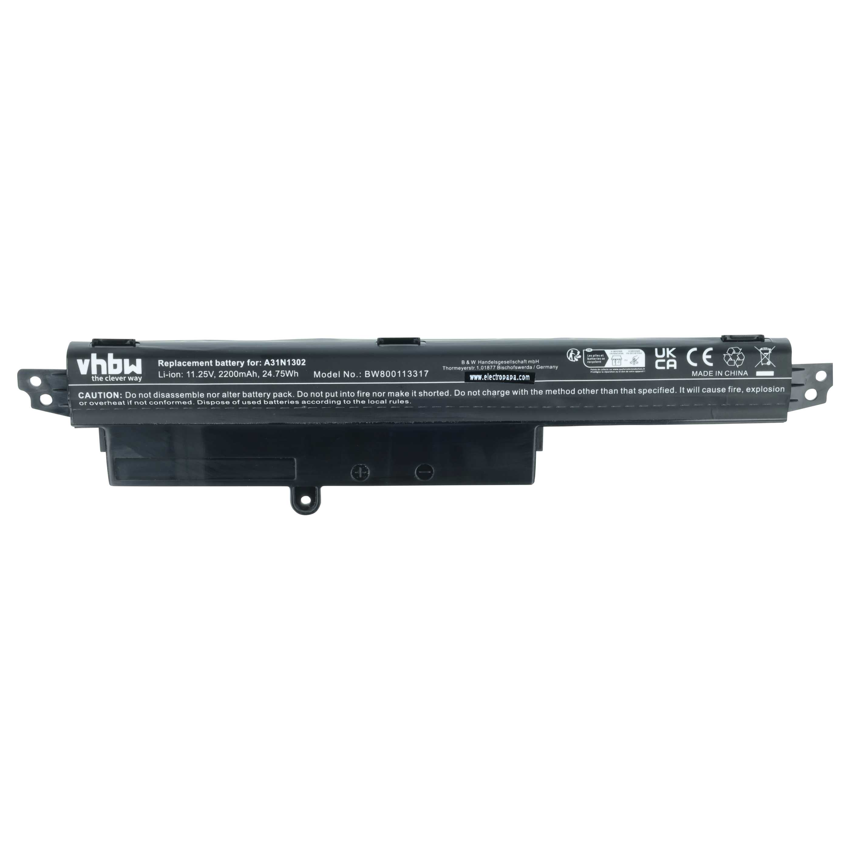 Schwarzer Laptop-Akku mit Beschriftung: vhbw, A31N1302, 11.25V, 2200mAh.