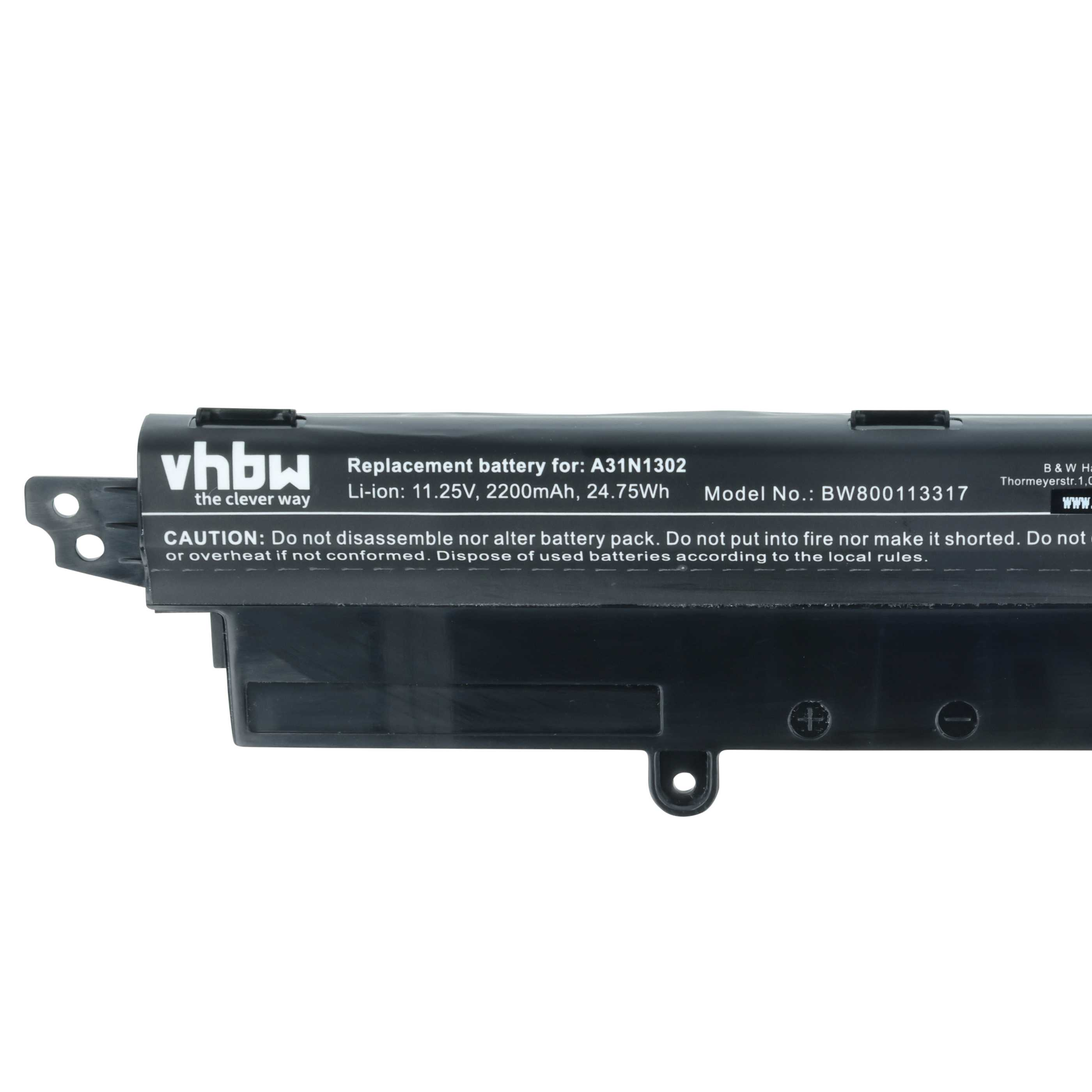 Ein schwarzer Laptop-Akku mit Aufschriften: vhbw, A31N1302, 11.25V, 2200mAh.