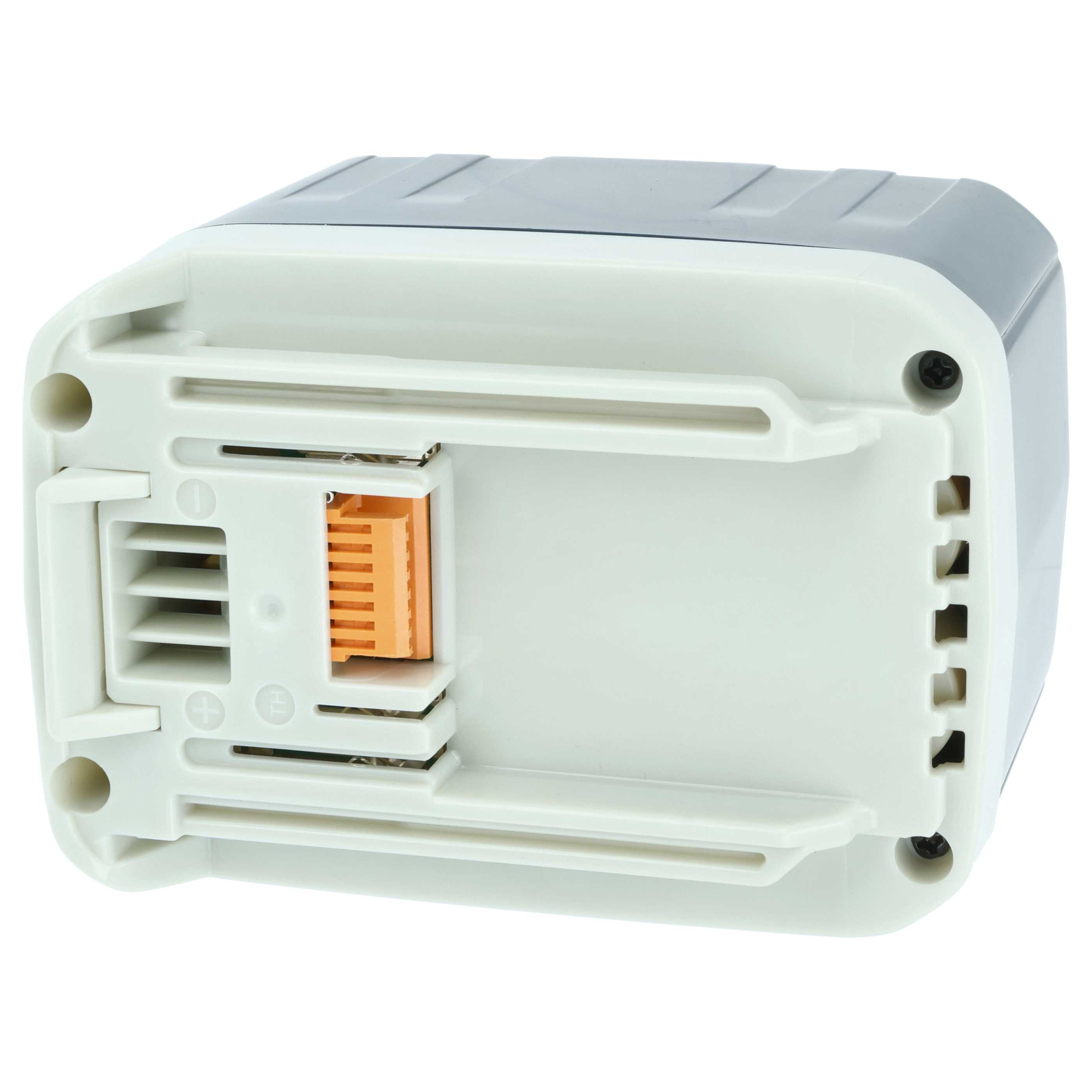 Weiße und graue Batterie, Unterseite mit orangefarbenem Stecker und Lüftungsschlitzen.