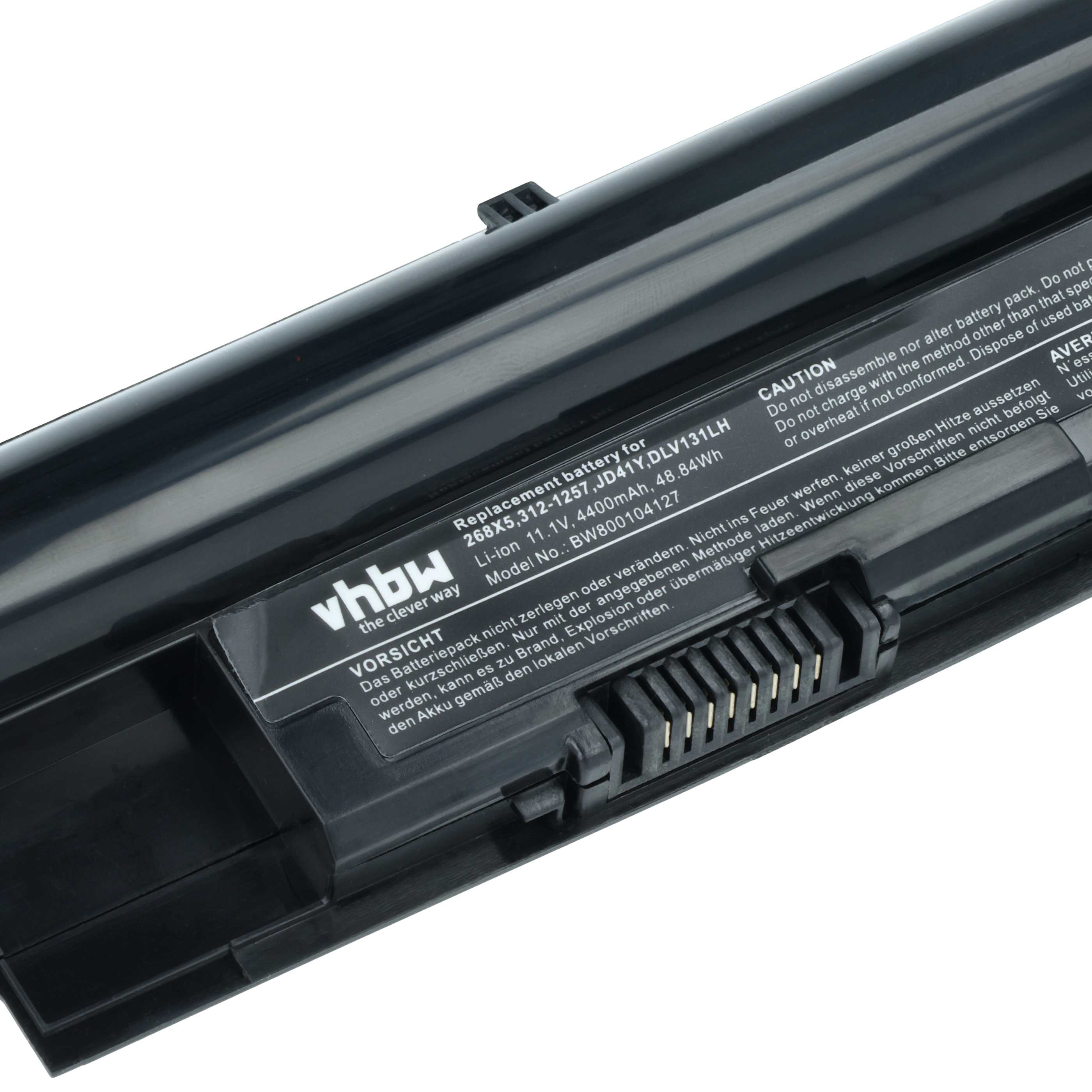 Schwarzer Laptop-Akku mit Aufklebern mit Warnhinweisen und Modellnummer.