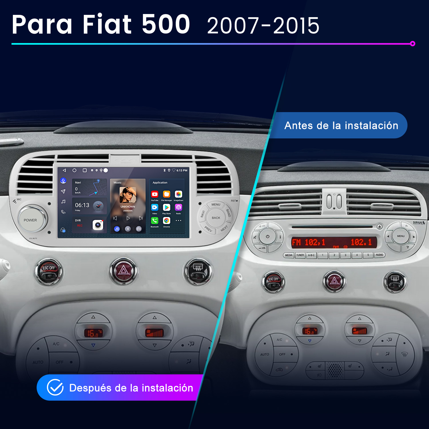 Comparación del salpicadero de un Fiat 500 antes y después de instalar una radio.