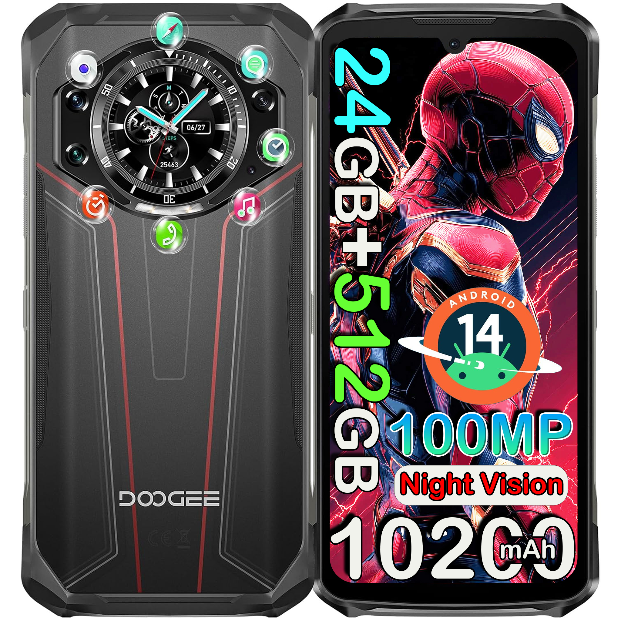 Robustes Smartphone mit Spiderman-Hintergrund, 24GB+512GB, 100MP, Nachtsicht.