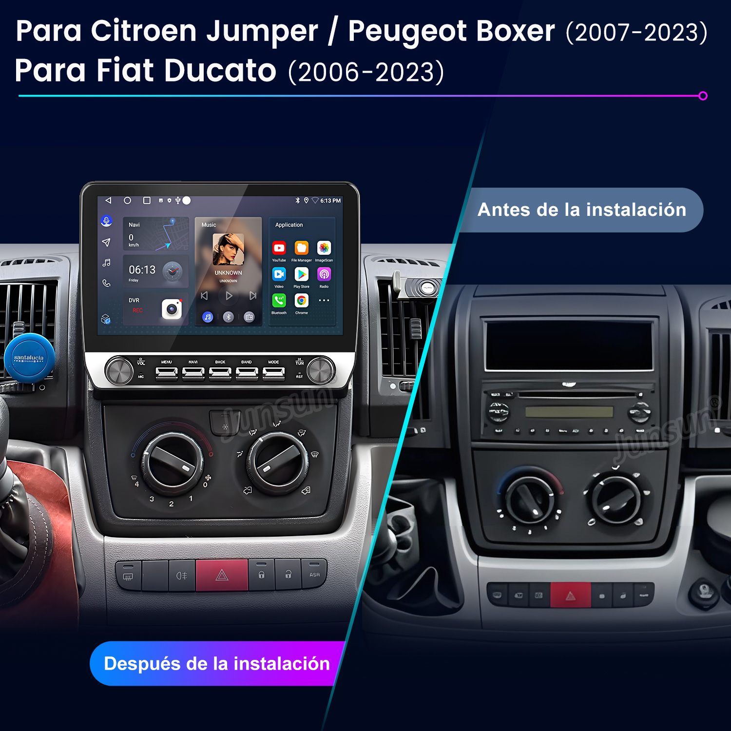 Comparación de radio de coche antes y después de la instalación.