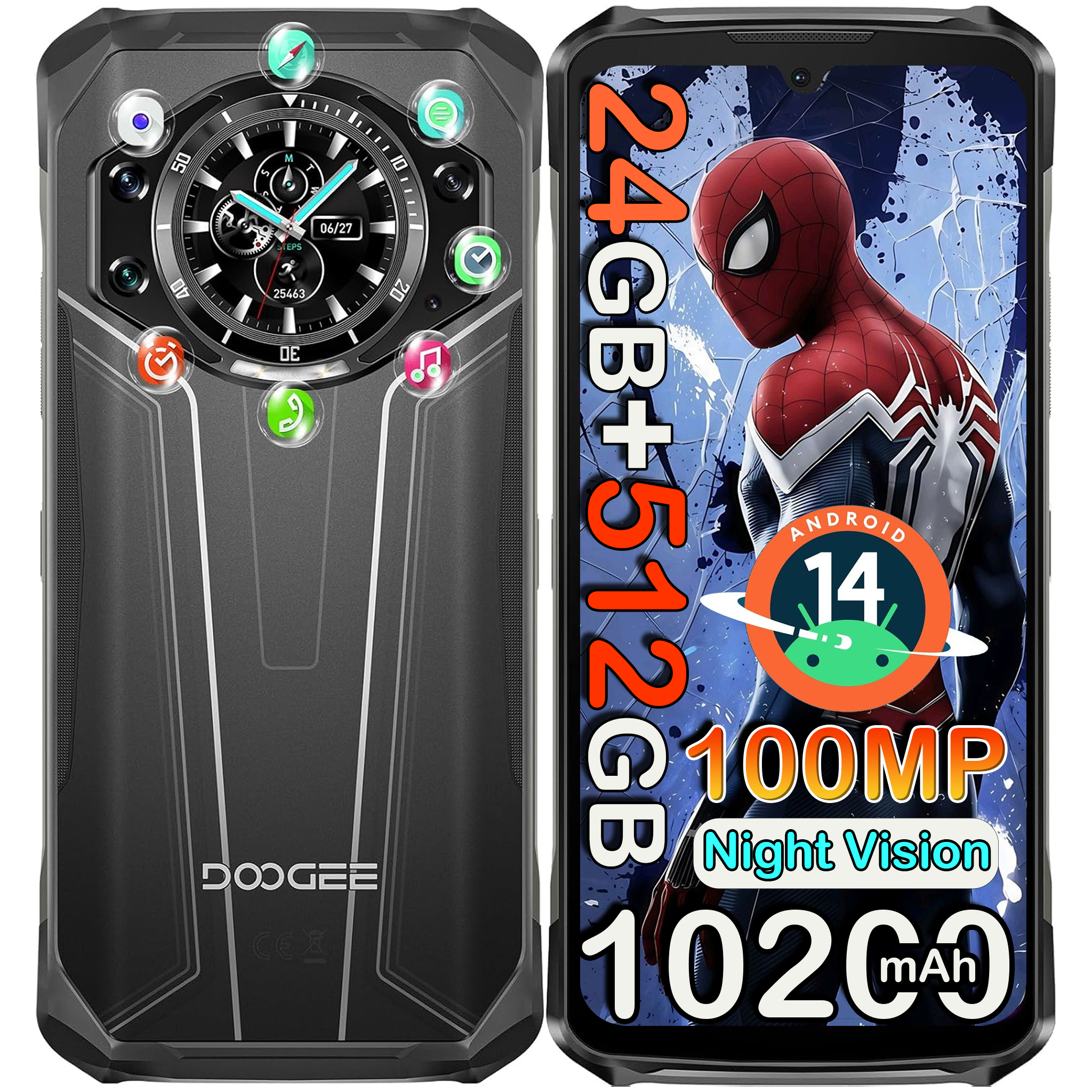 Robustes Smartphone mit Spiderman-Bildschirm, 24GB+512GB, Android 14, 100MP, Nachtsicht.
