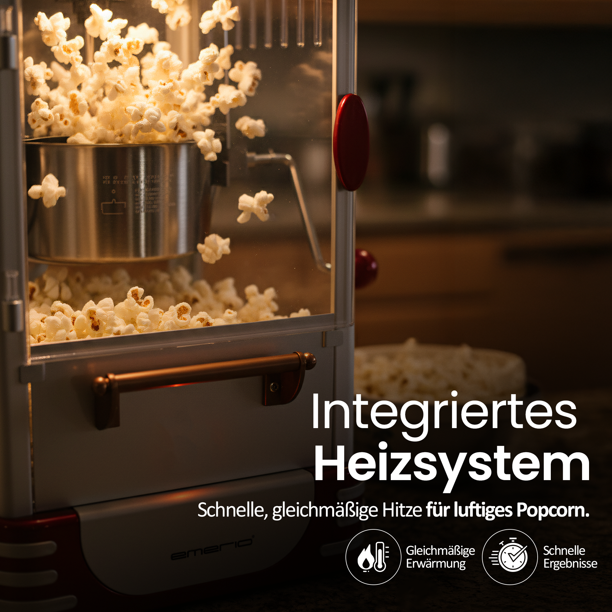 Popcornmaschine mit integriertem Heizsystem, die luftiges Popcorn macht.