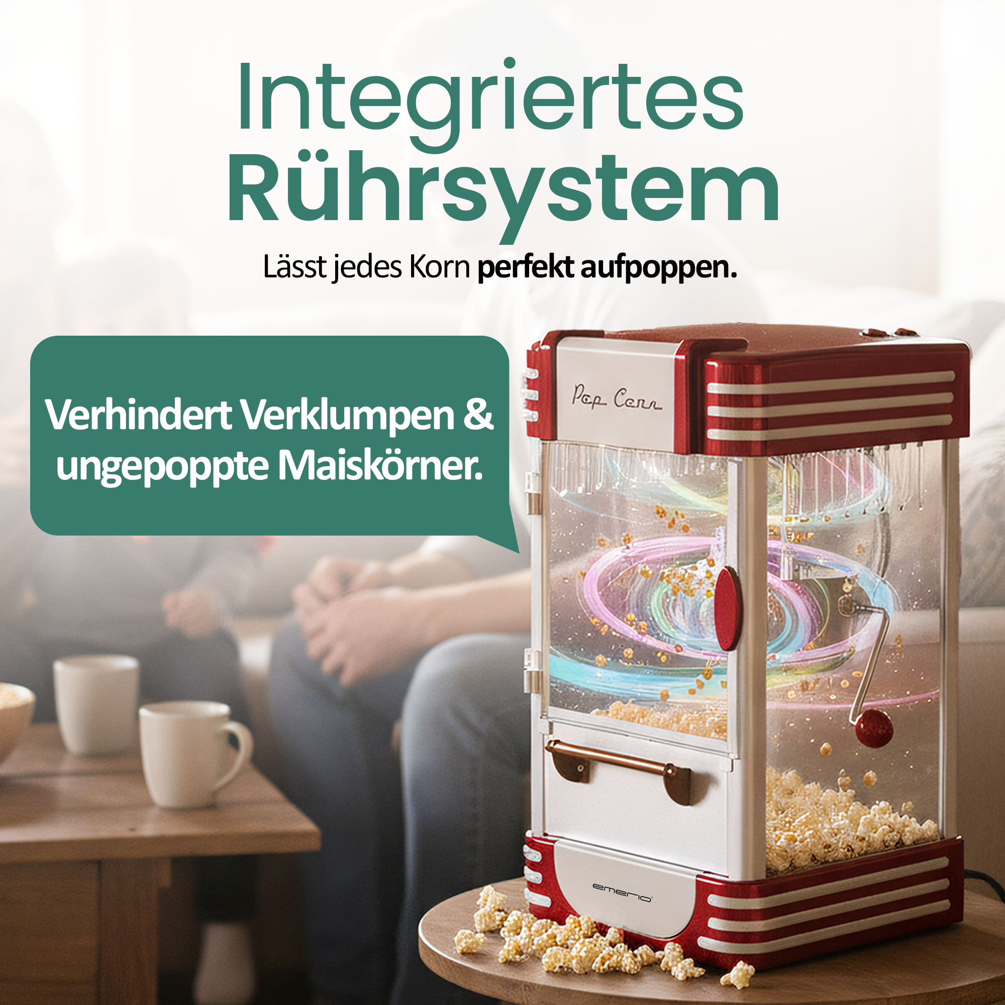 Rote und weiße Popcornmaschine mit integriertem Rührsystem und leuchtenden Spiralen.