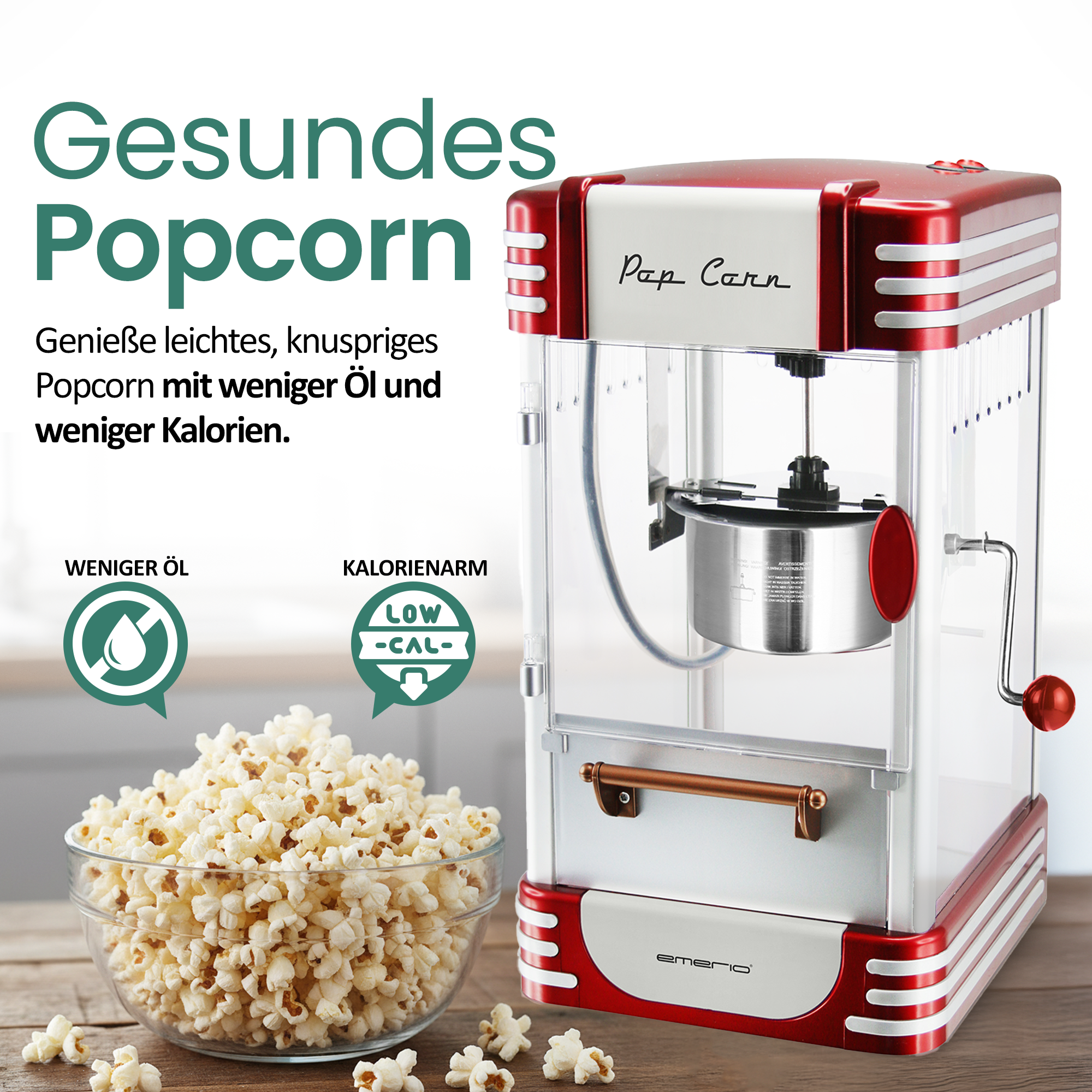 Rote Popcornmaschine neben einer Schüssel mit Popcorn. Weniger Öl & Kalorien.