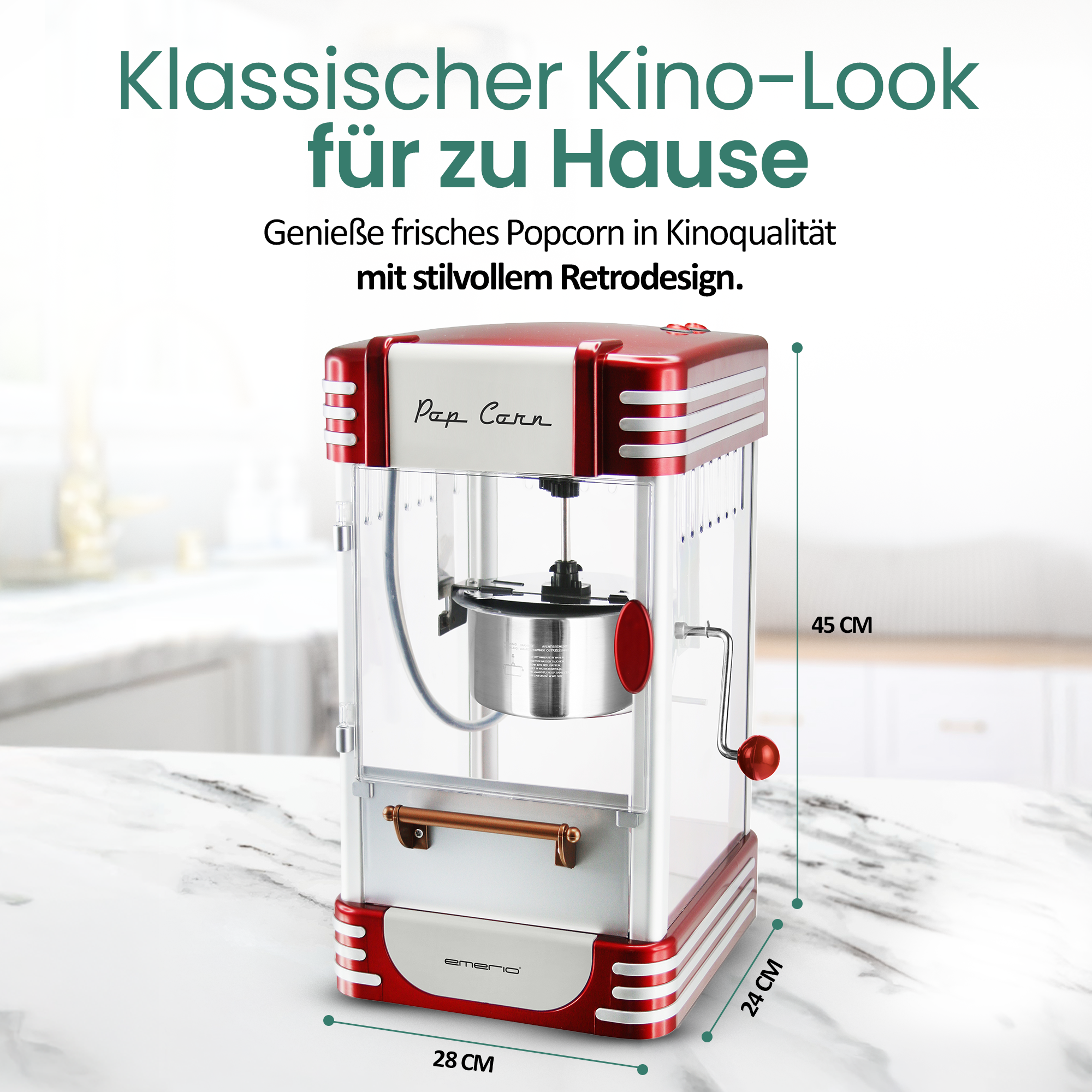 Rote Retro-Popcornmaschine mit Glaskuppel und silbernen Akzenten.