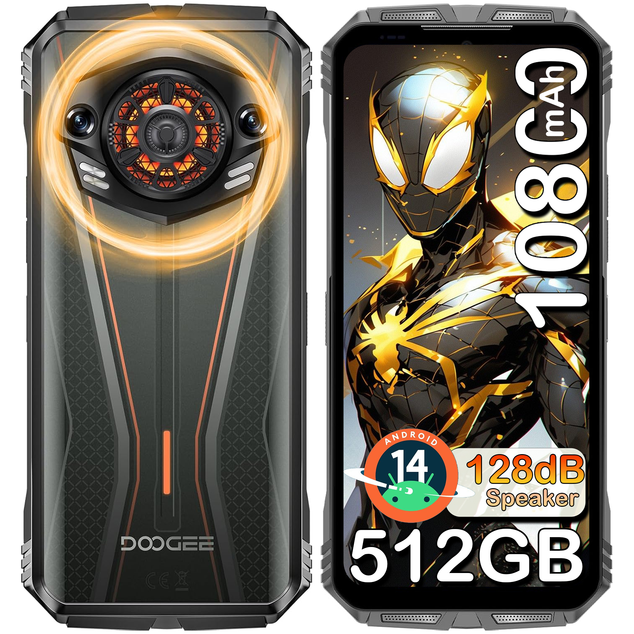 Robustes Smartphone mit Comic-Held-Design, 10800mAh, 512GB Speicher, Android 14.