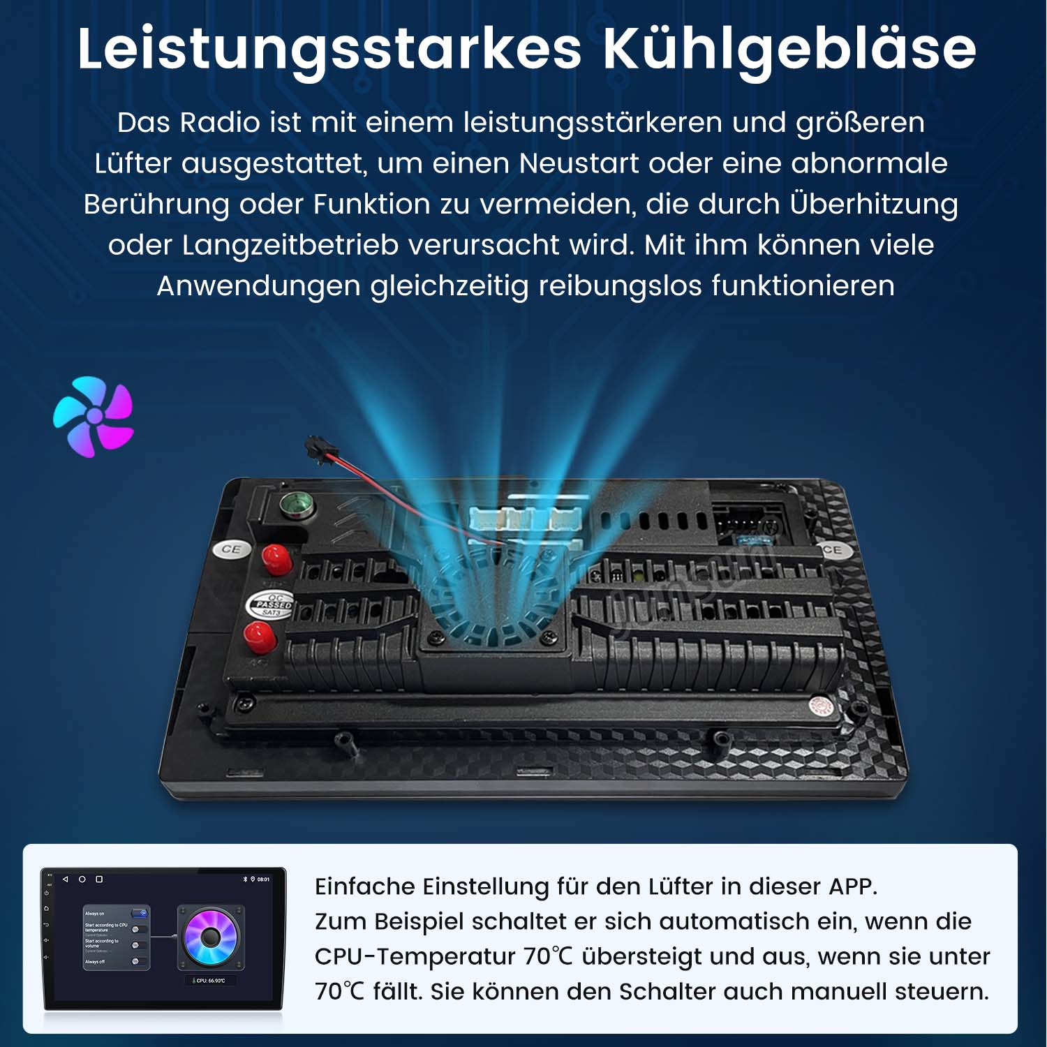 Ein leistungsstarkes Kühlgebläse für ein Autoradio mit App-Steuerung.