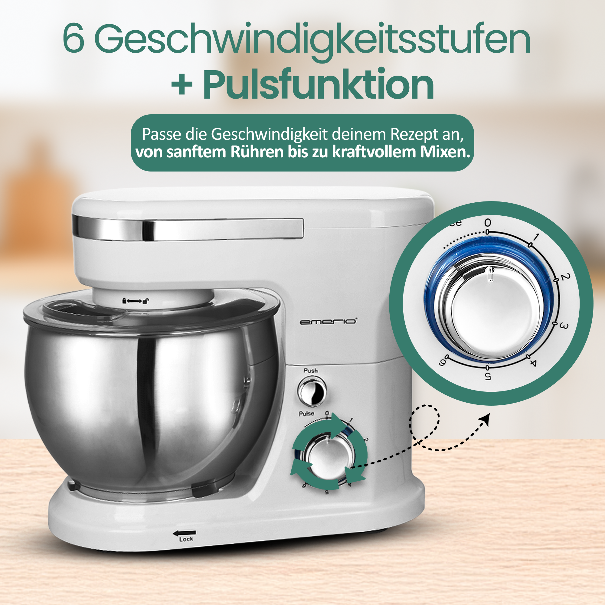 Ein weißer Küchenmixer mit Edelstahlschüssel und Geschwindigkeitsregler.