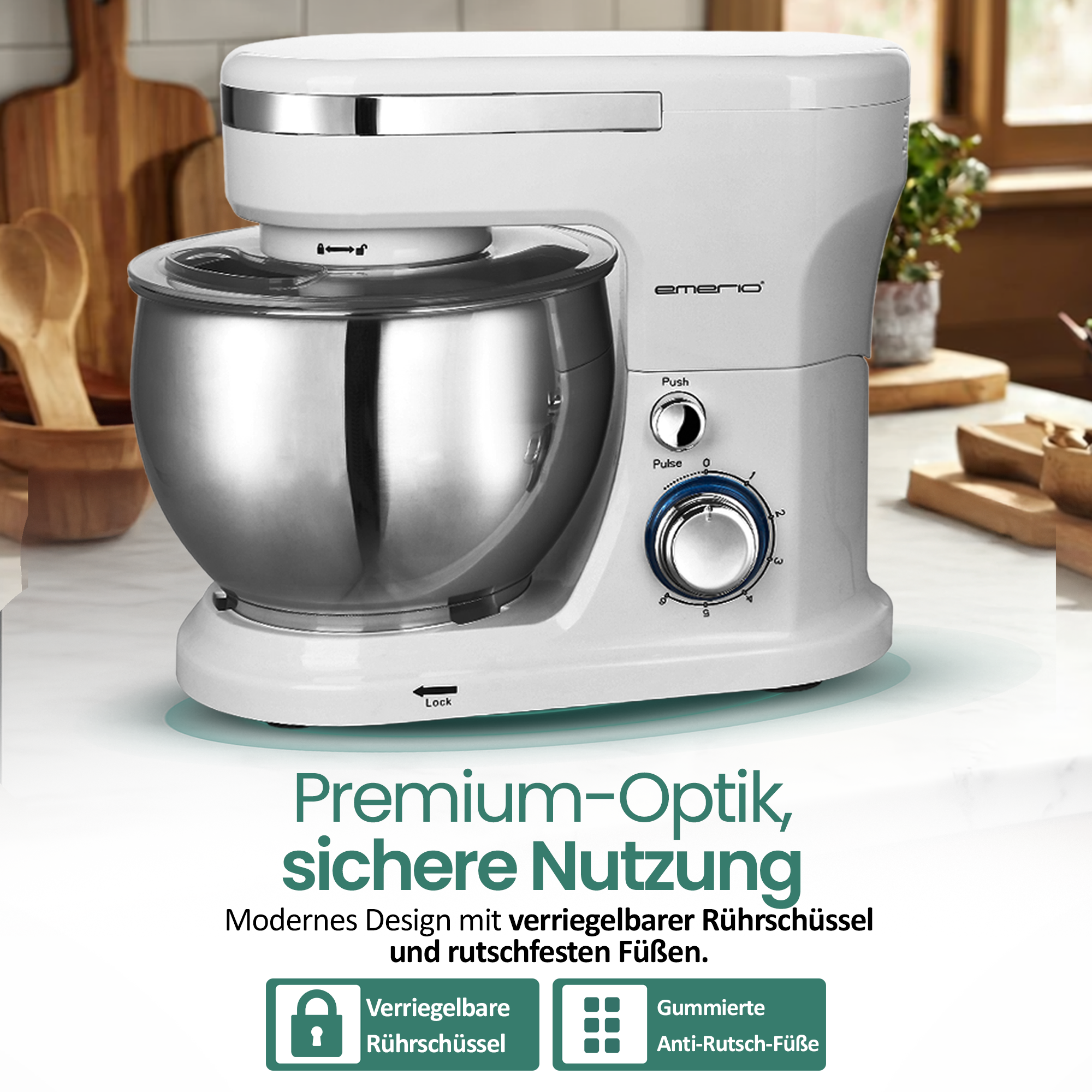 Ein weißer Standmixer mit Edelstahlschüssel und Bedienelementen.