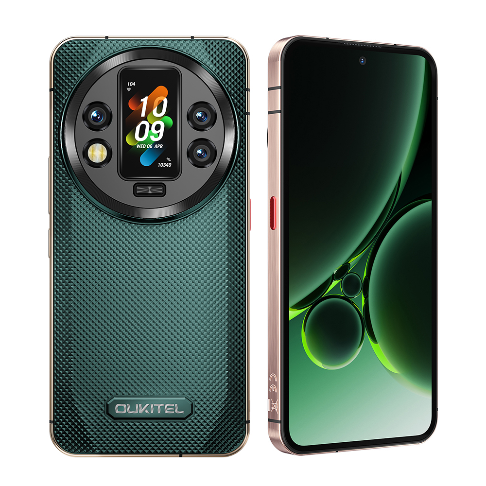 Telefono Oukitel verde, vista posteriore mostra gruppo fotocamere e corpo texturizzato. Vista frontale mostra schermo.