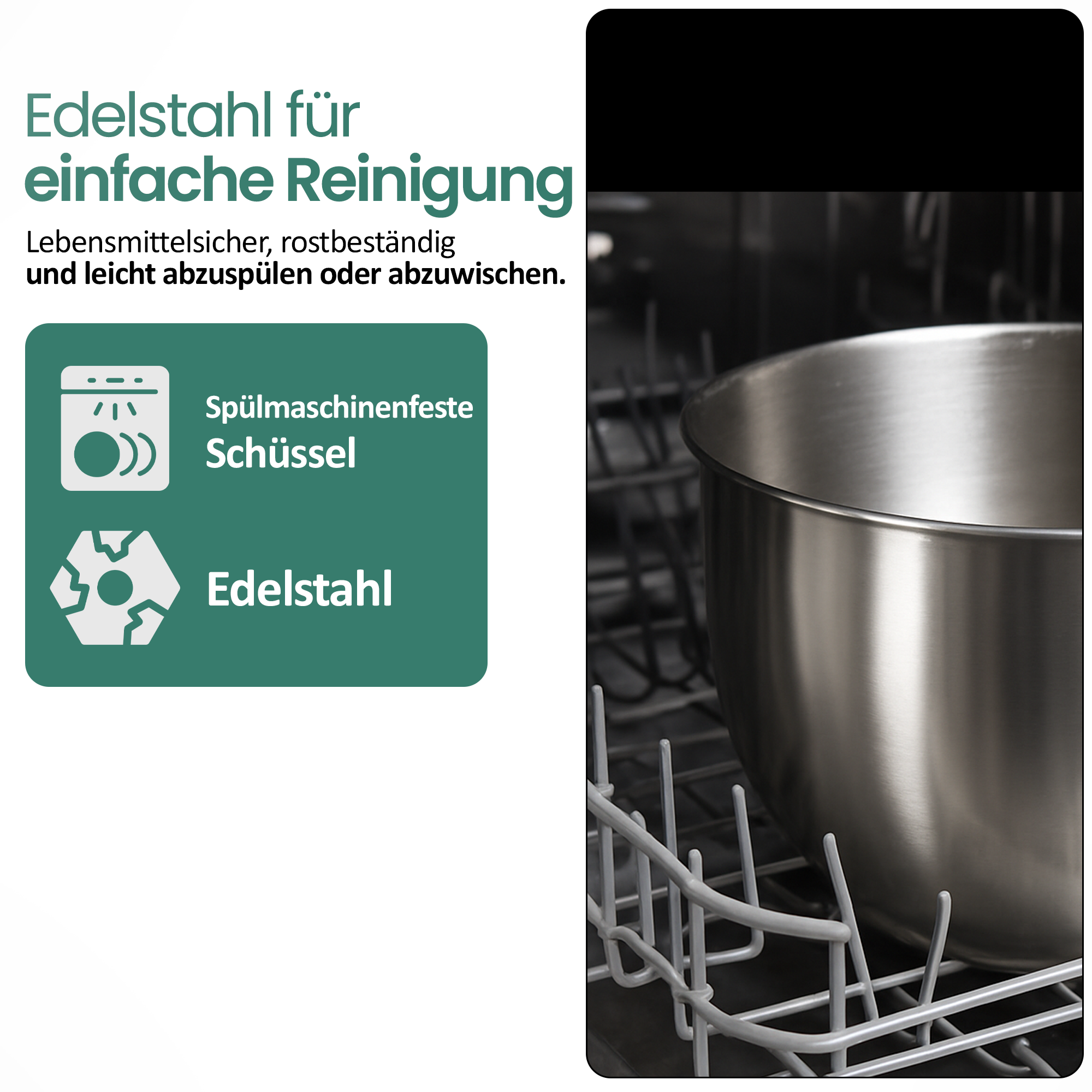 Edelstahlschüssel in einem Geschirrspüler. Lebensmittelecht, rostfrei, leicht zu reinigen.