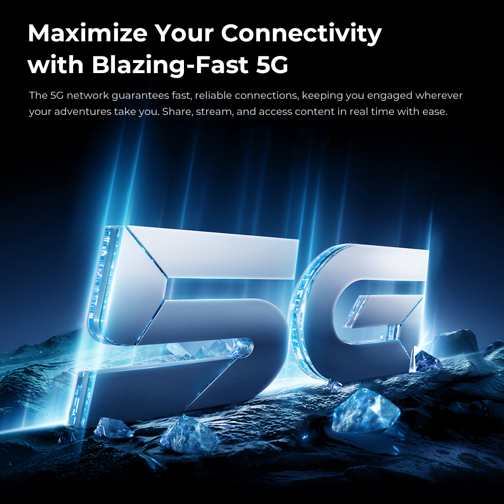 Grandi lettere 5G argentate su terreno roccioso, circondate da luci blu.