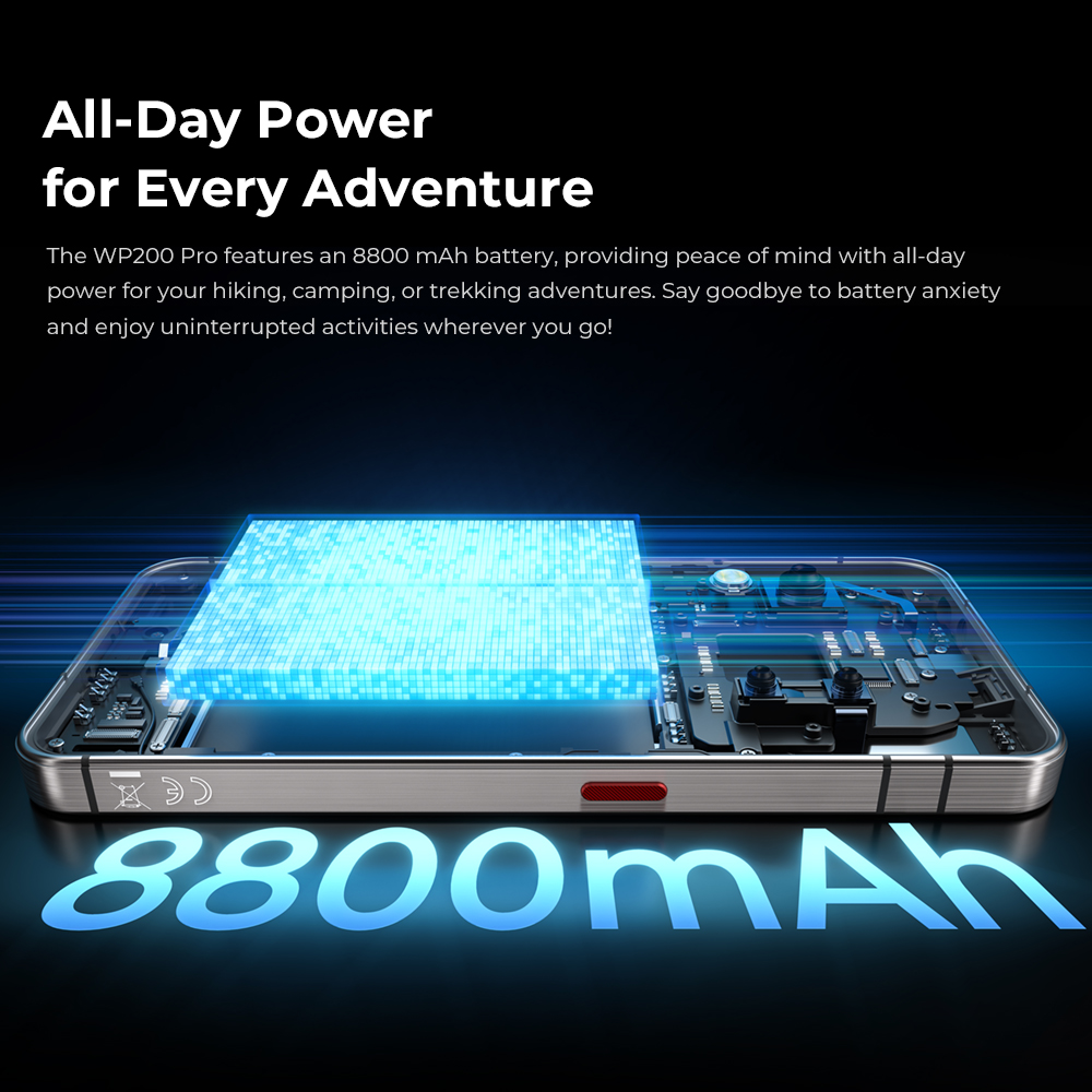 Uno smartphone con una batteria blu luminosa da 8800 mAh progettata per l'avventura.