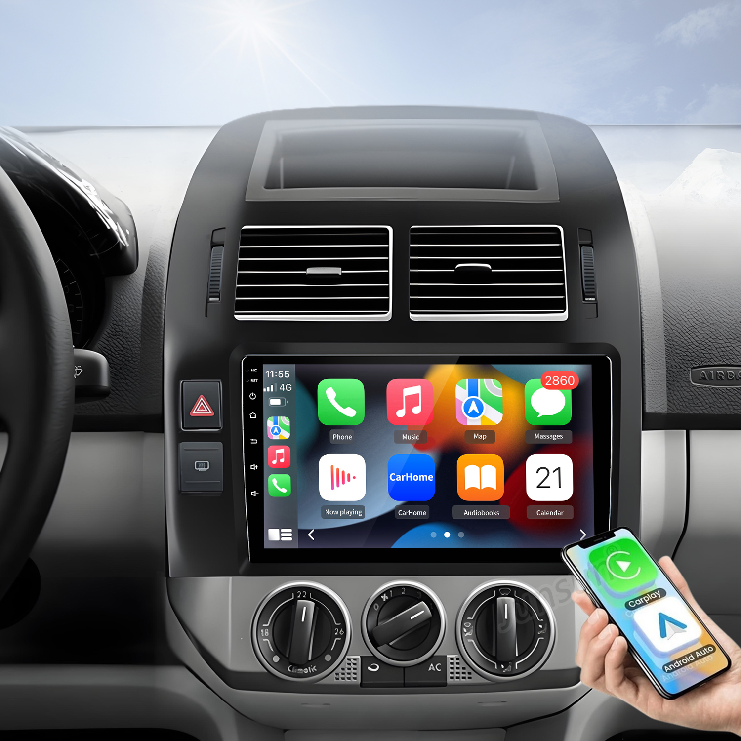 Auto-Infotainment-System mit Smartphone-Integration und Bedienelementen.