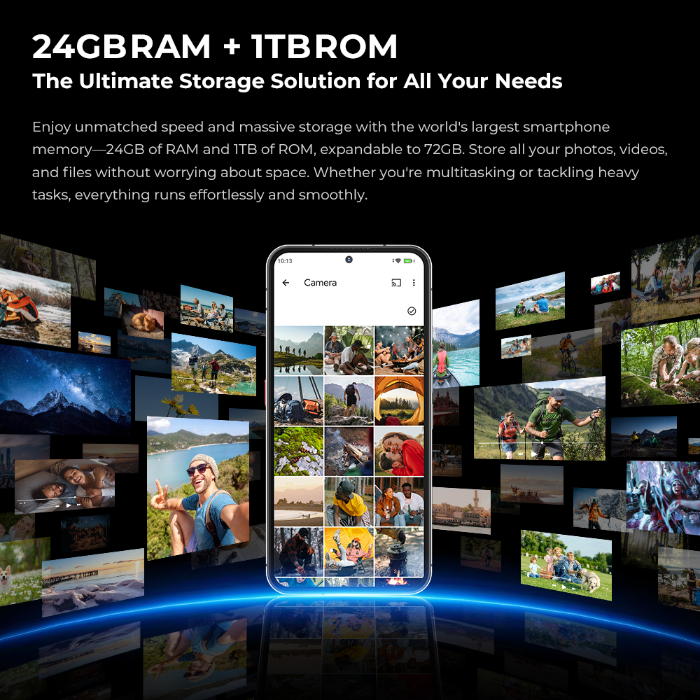 Uno smartphone mostra una galleria di foto di viaggio, circondata da altre immagini.
