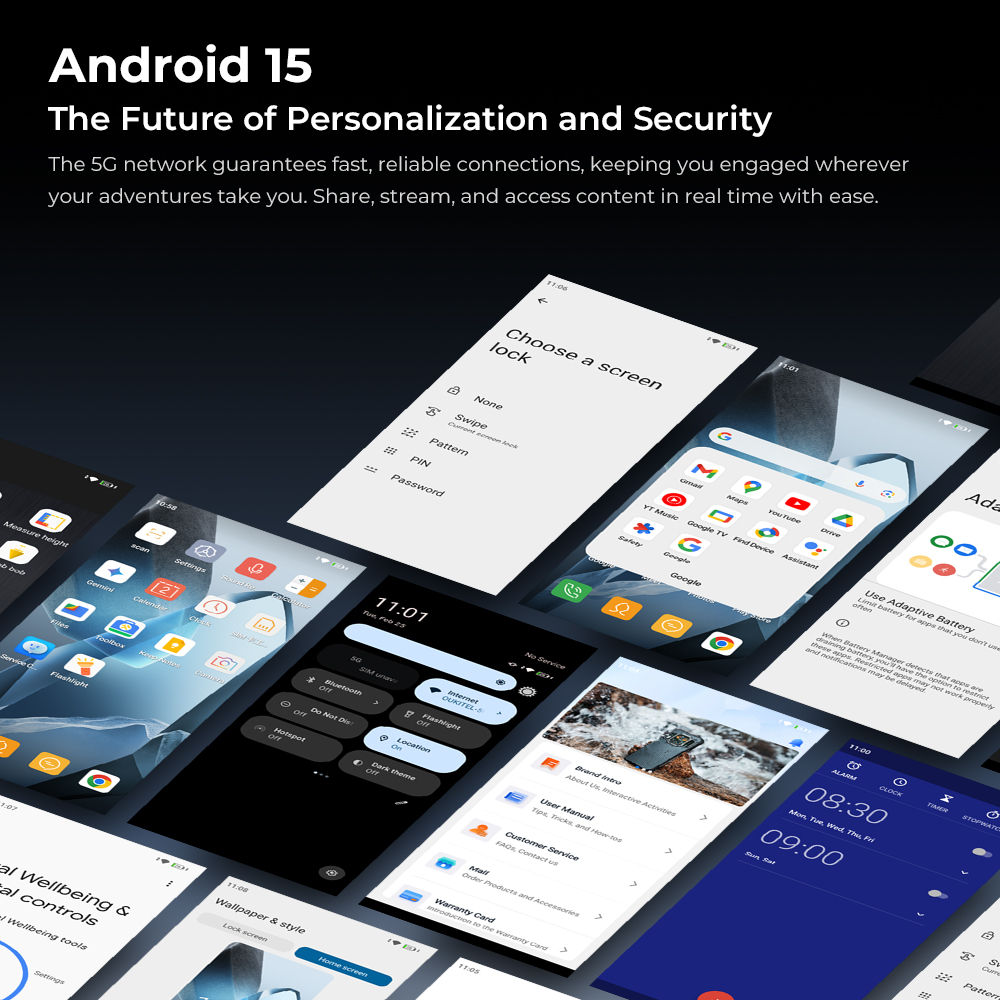 Schermata home Android 15 che mostra varie viste di app e impostazioni.