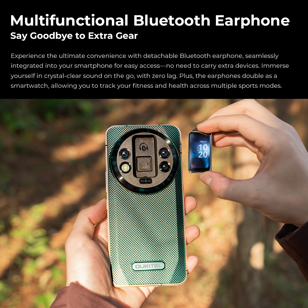 Smartphone verde con logo OUKITEL e piccolo dispositivo che mostra l'ora.