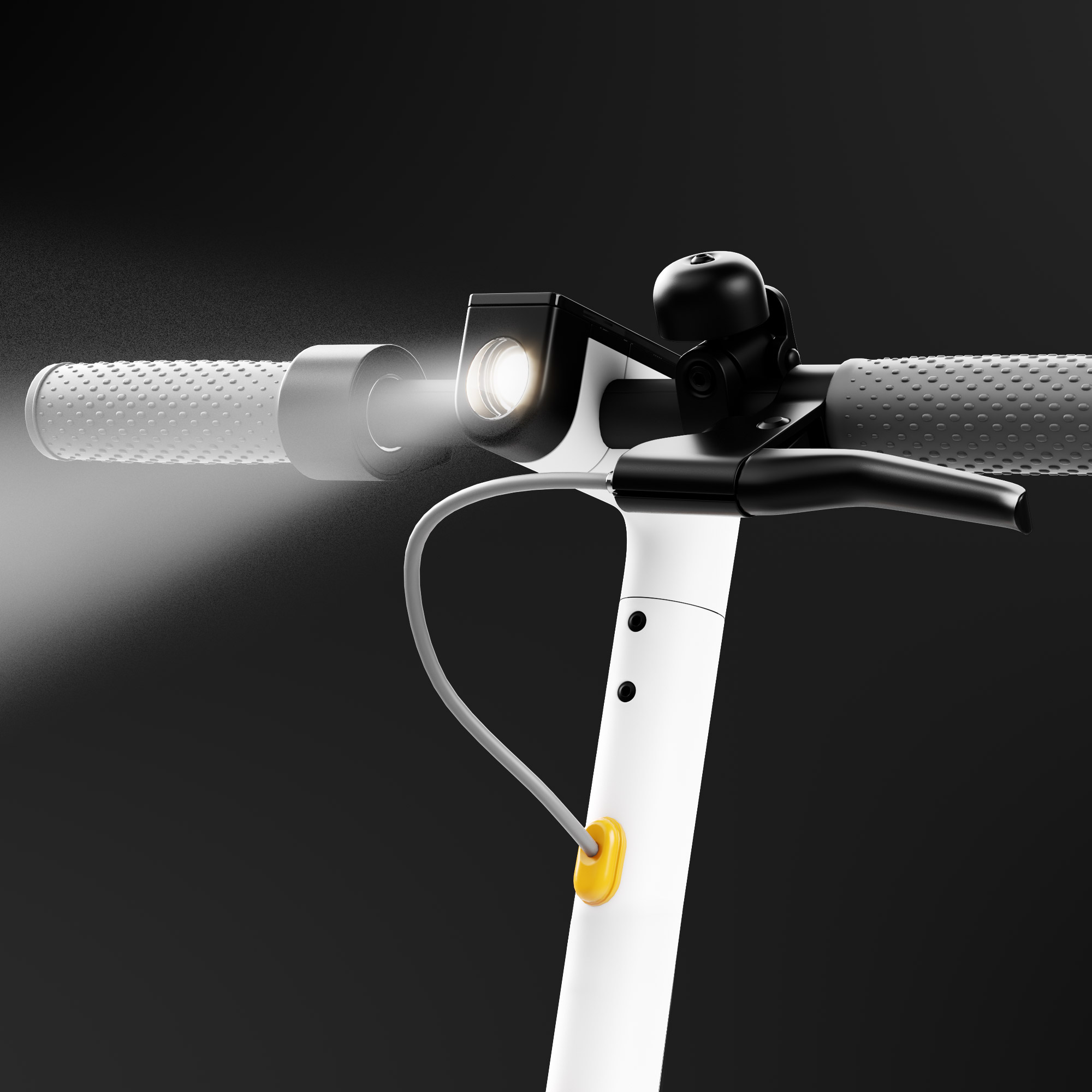Nahaufnahme des Lenkers eines weißen Rollers mit Licht und Klingel.