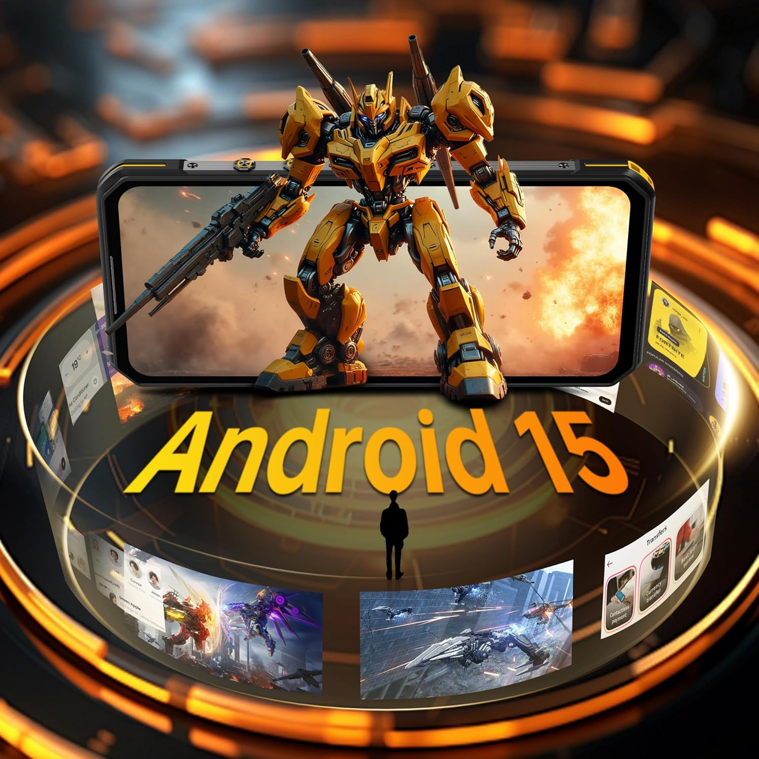 Un robot giallo sta su uno smartphone che mostra Android 15.