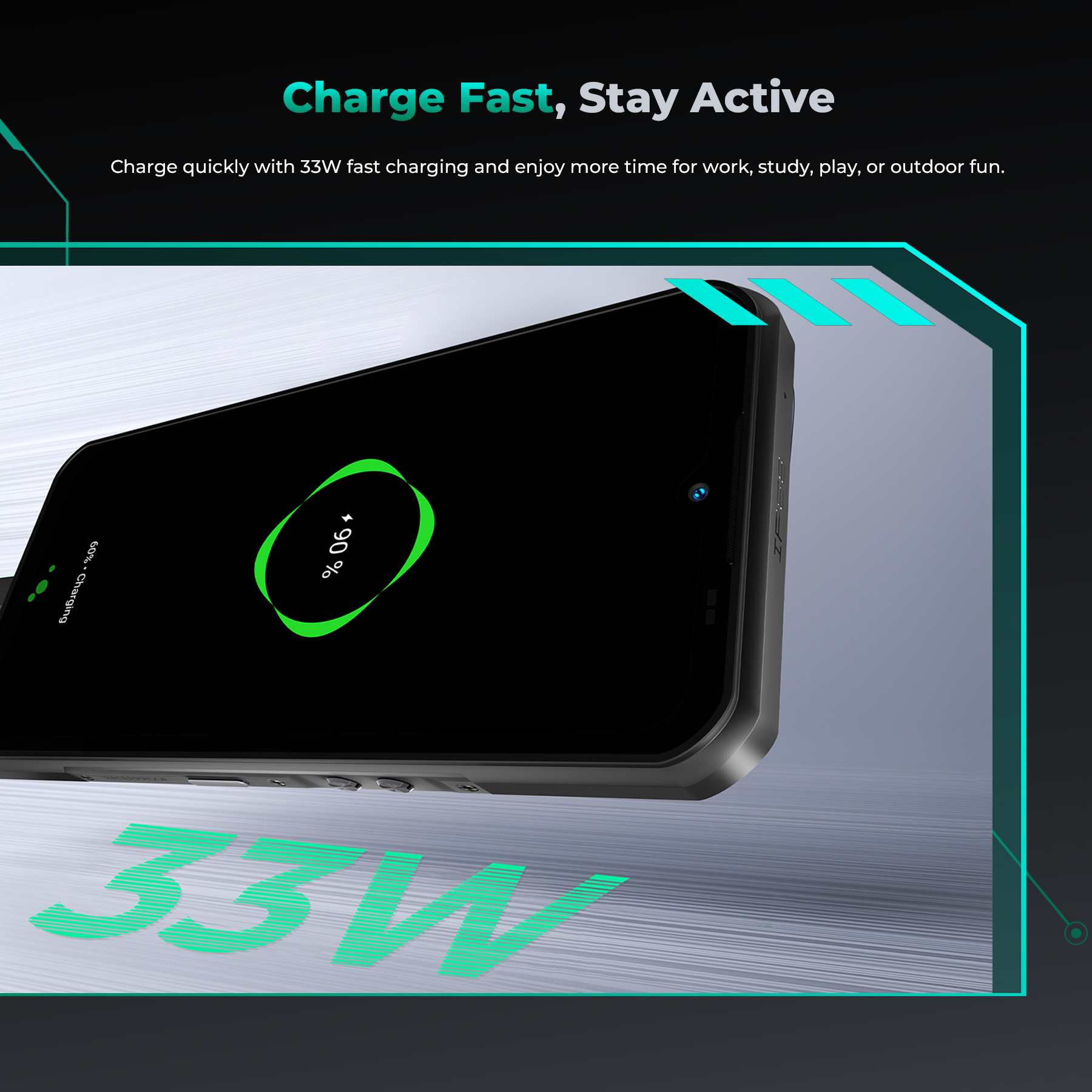 Smartfon ładuje się szybko z mocą 33W, stan baterii 90%.