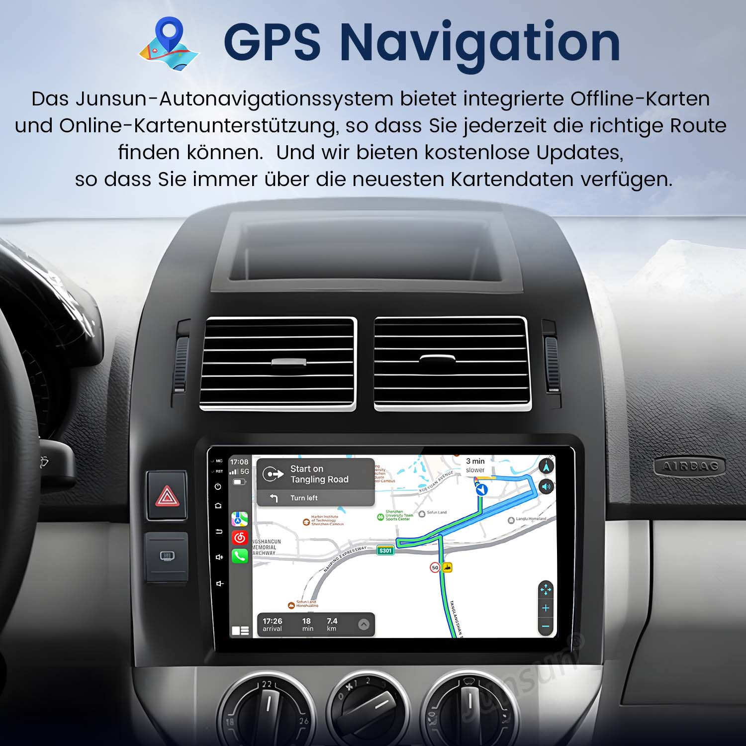 Ein Auto-Navigationssystem mit Karte zeigt eine Route an. Das Display ist im Armaturenbrett montiert.