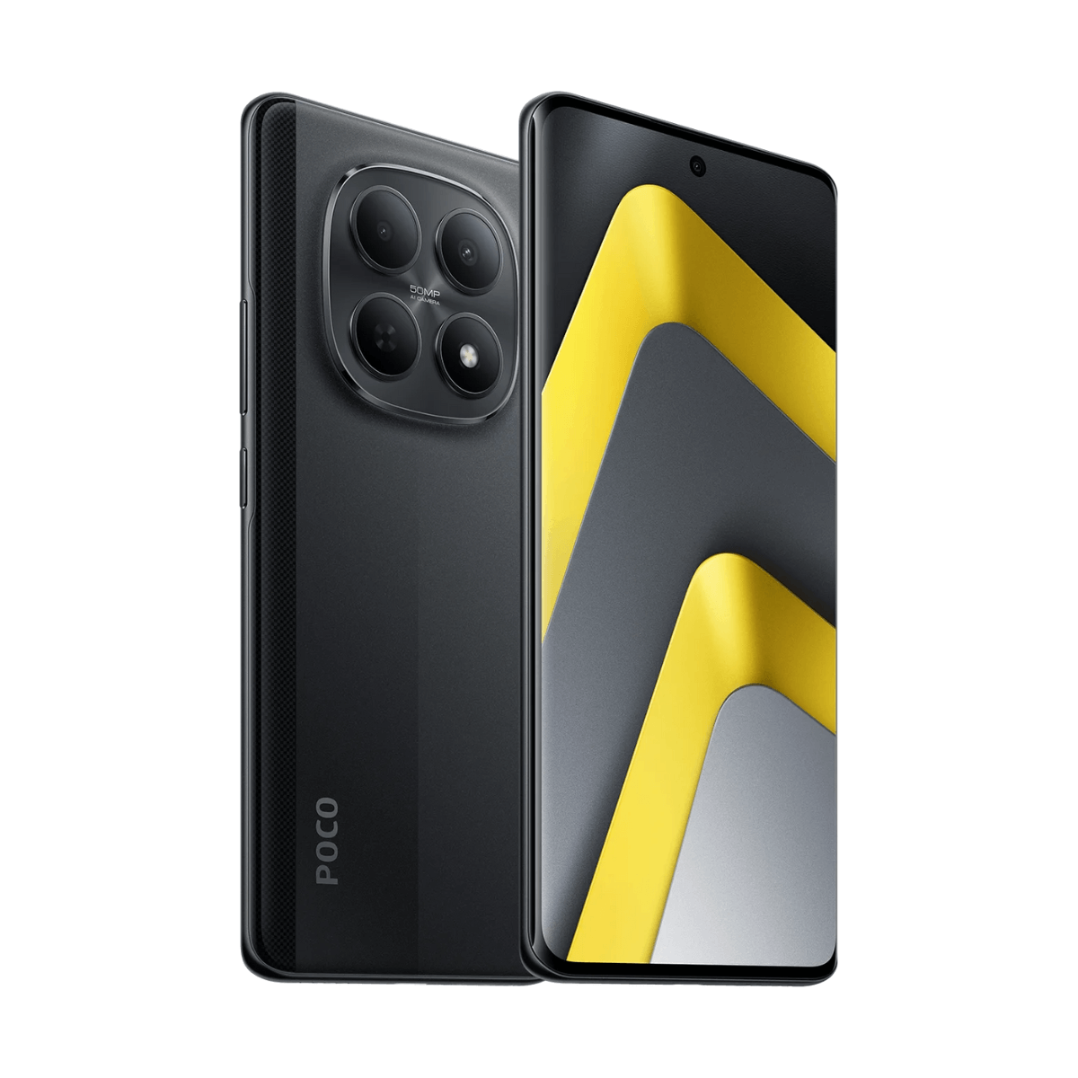 Dwa czarne smartfony z logo POCO i żółtymi akcentami na ekranie.