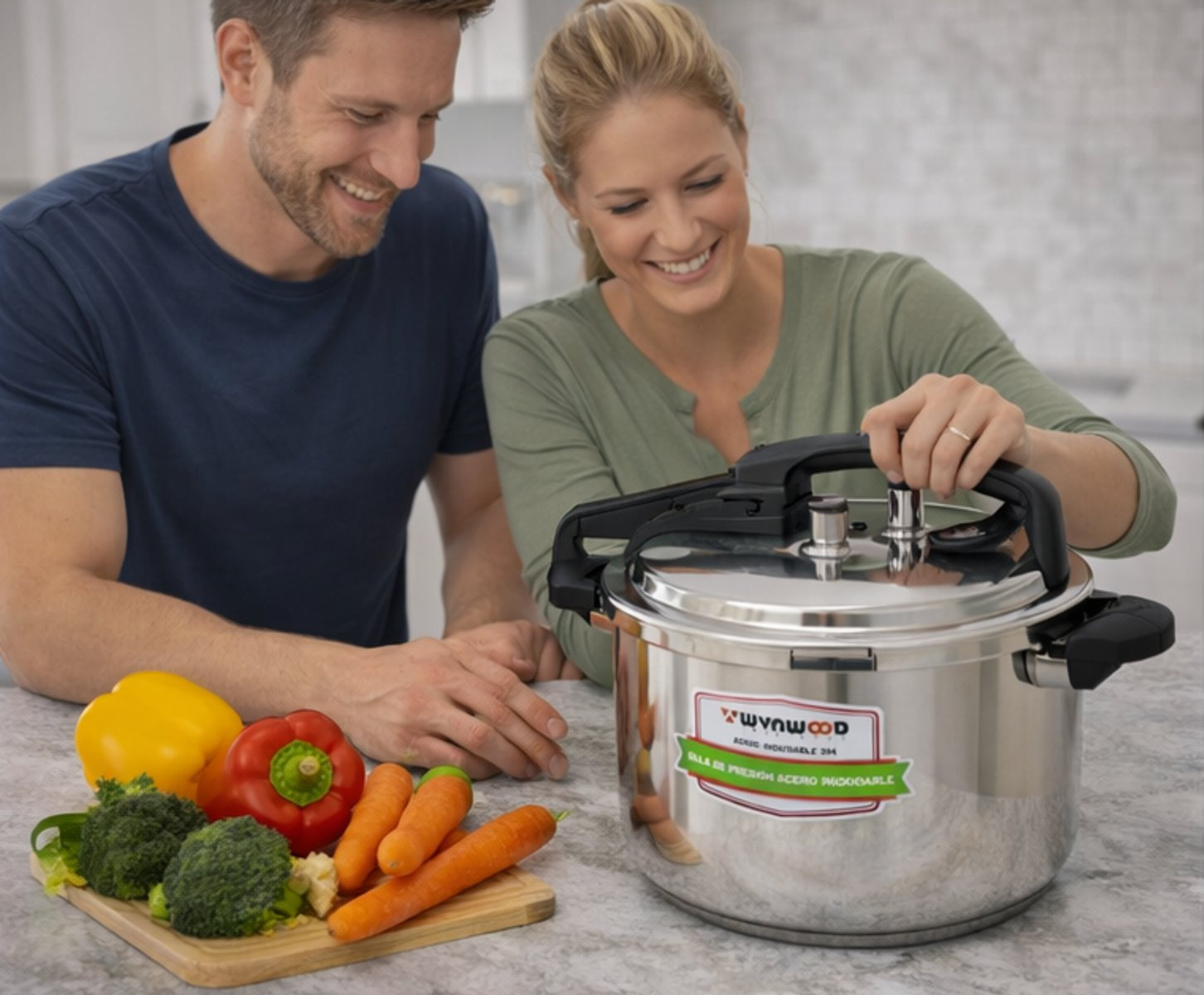 Hombre y mujer sonríen junto a una olla a presión con verduras delante.