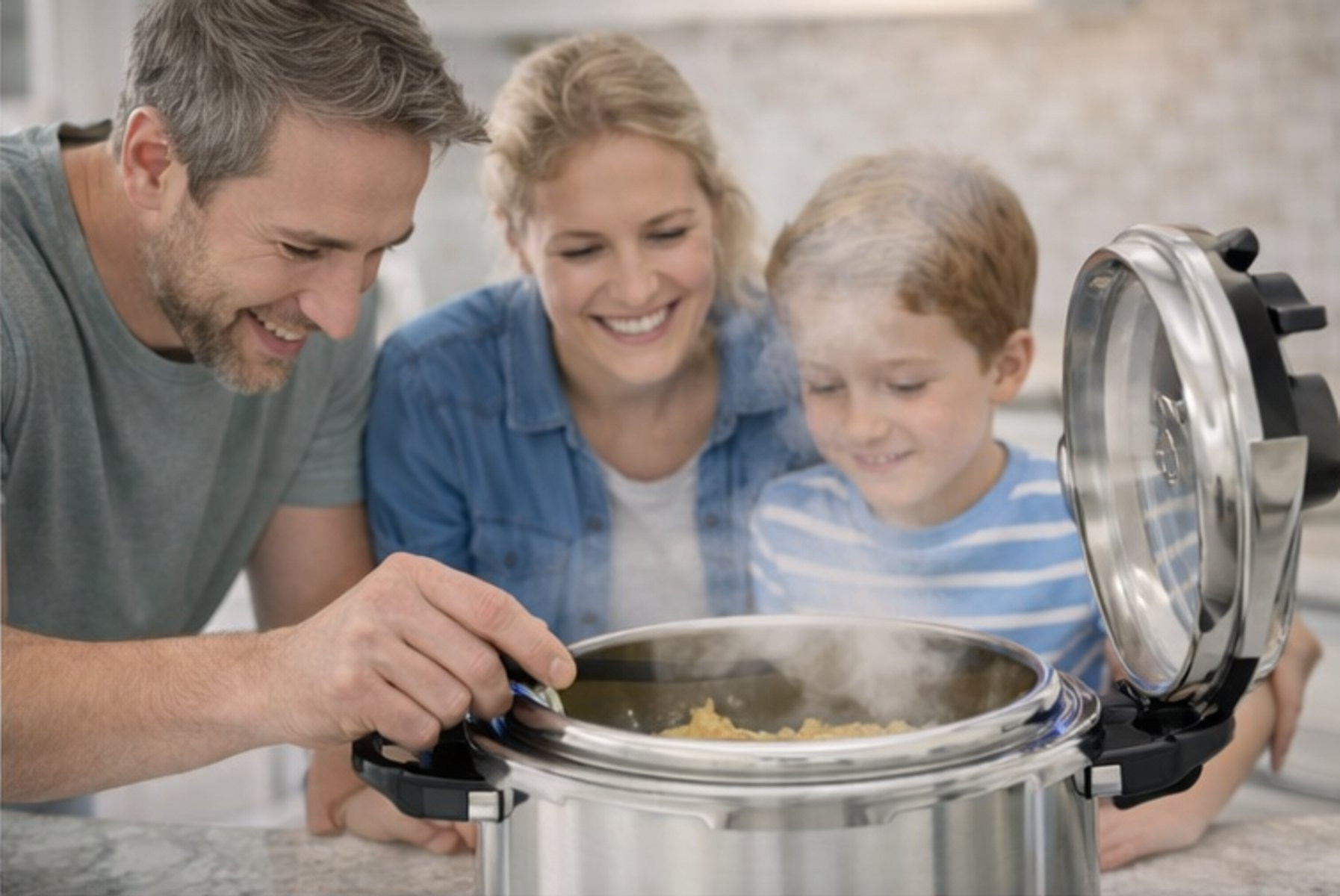 Familia mira olla humeante; hombre abre tapa.