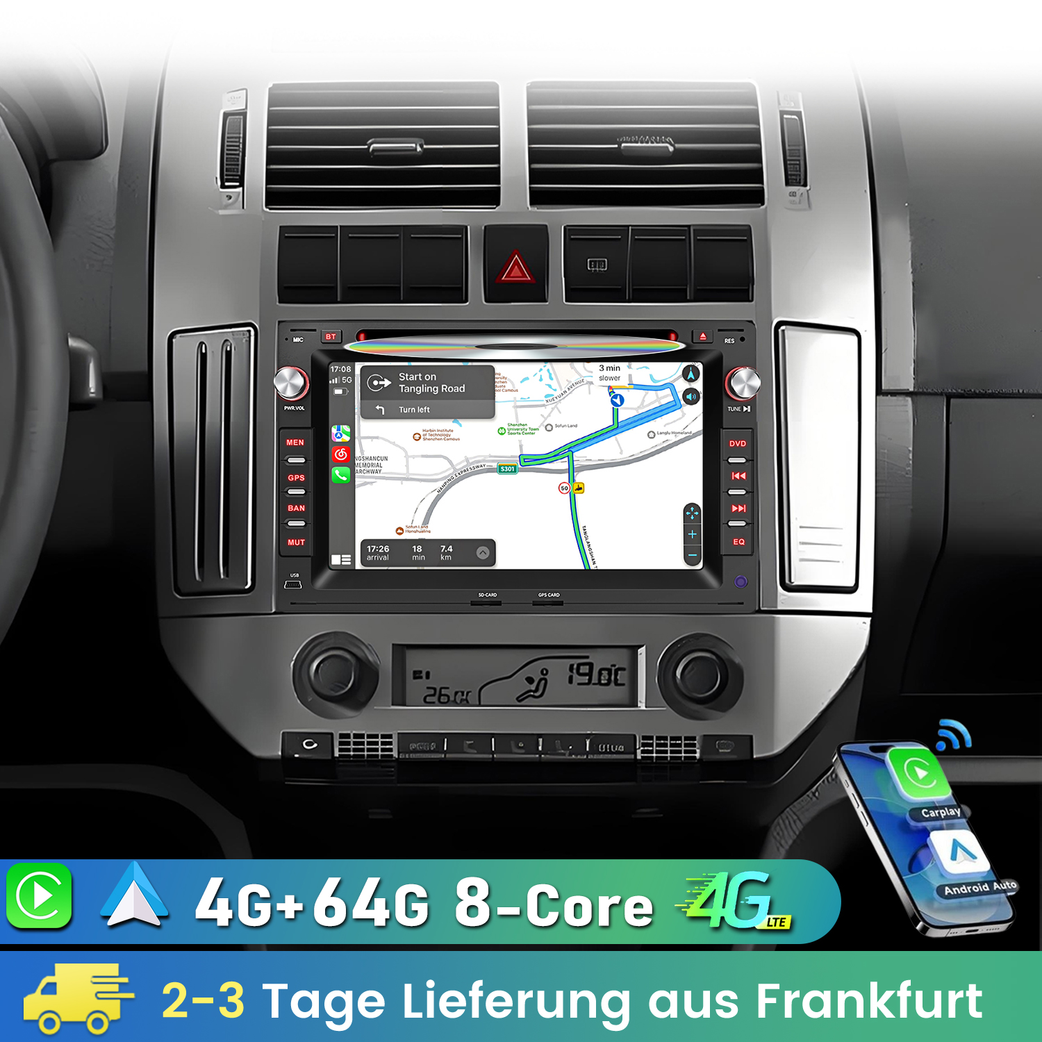 Autoradio mit Navigationssystem, Klimaanlage und 4G+64G Speicherkapazität.