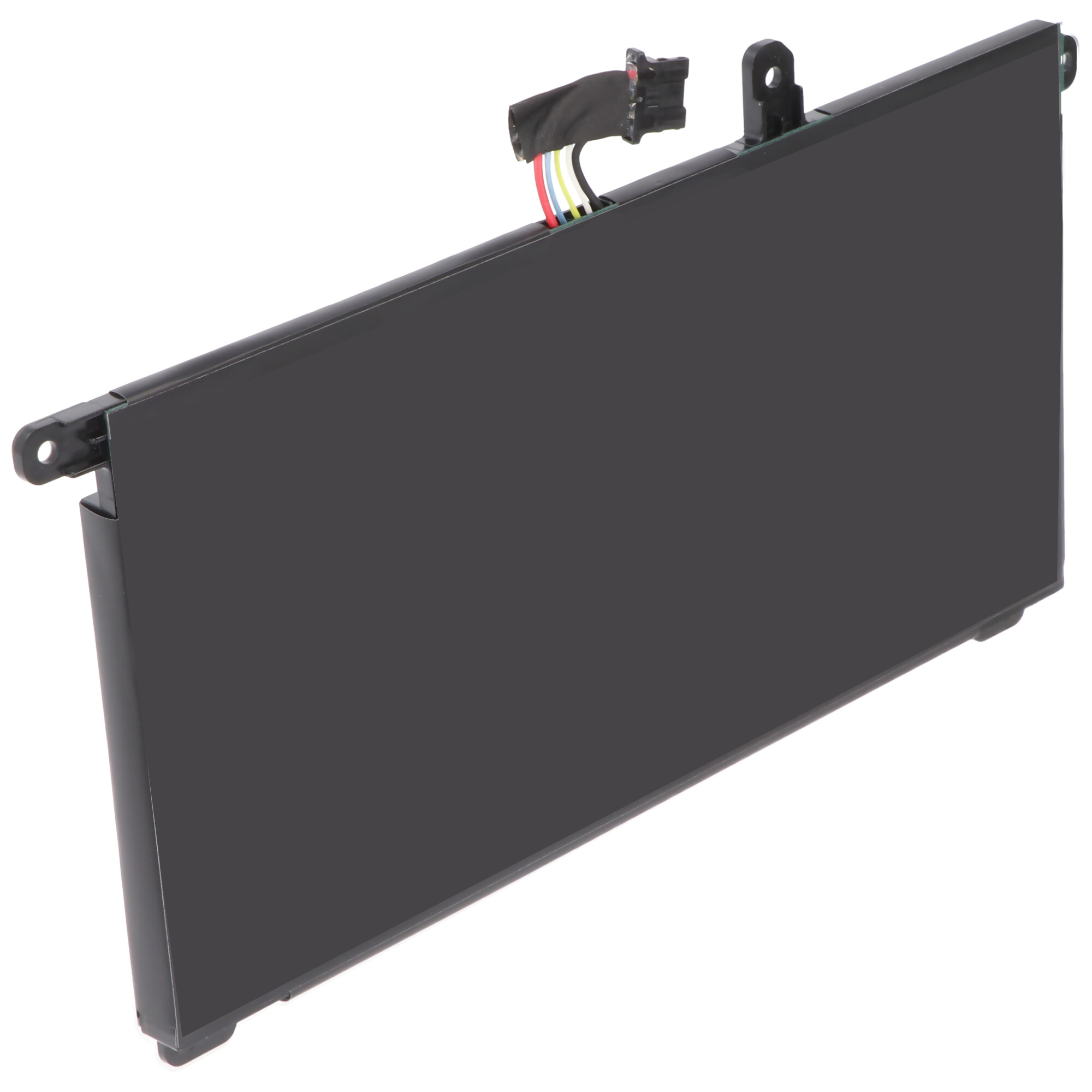 Schwarzer Laptop-Akku mit Kabeln und Anschluss, auf weißem Hintergrund.