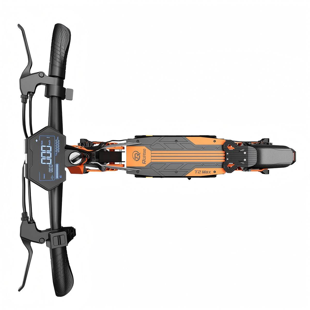 Czarna hulajnoga elektryczna z pomarańczowymi akcentami, widok z góry.