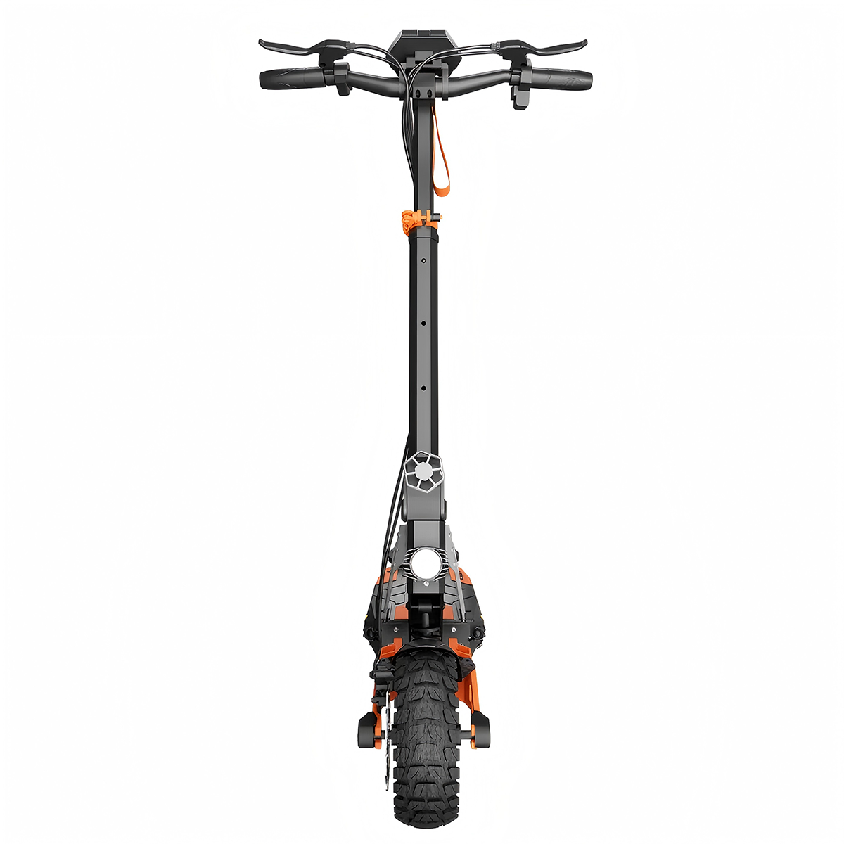 Hulajnoga elektryczna z pomarańczowymi akcentami i szerokimi oponami, widok z przodu.