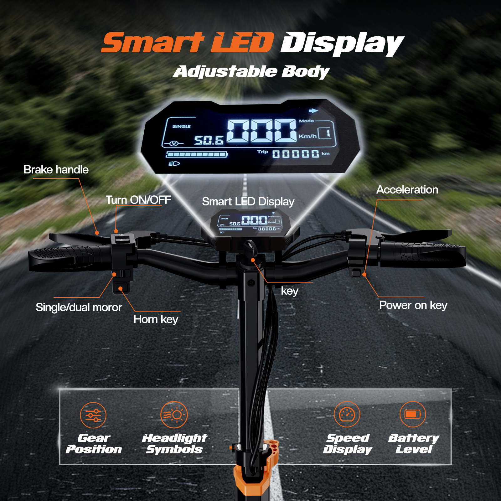 Kierownica hulajnogi elektrycznej z cyfrowym wyświetlaczem, dźwignią hamulca i kontrolkami.