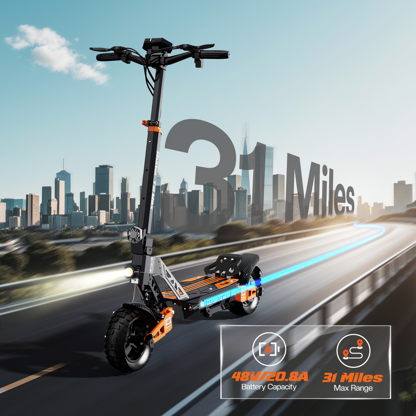 Czarna hulajnoga elektryczna na drodze z panoramą miasta w tle i tekstem "31 Miles".
