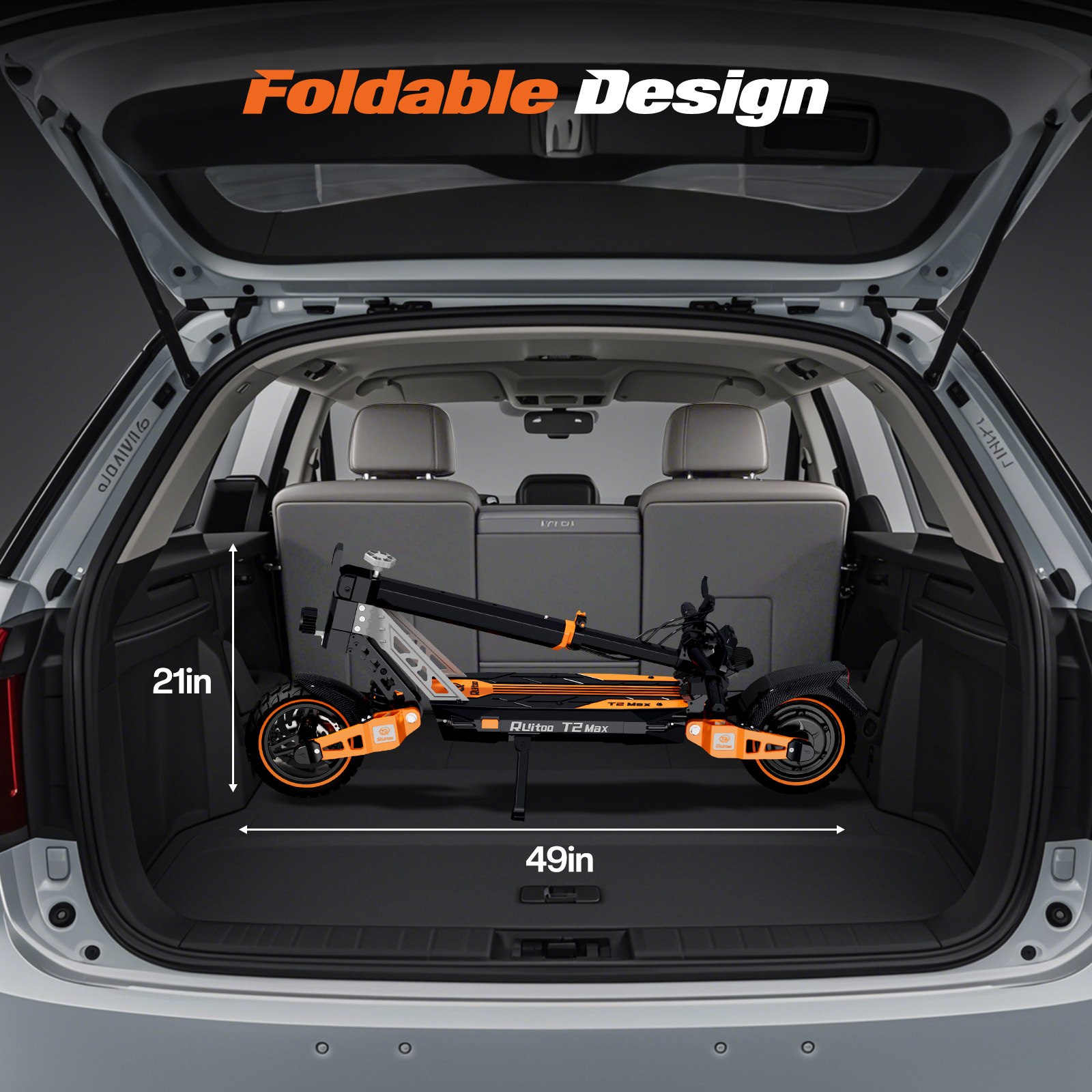 Złożony czarno-pomarańczowy skuter elektryczny w bagażniku samochodu. Wymiary pokazane.
