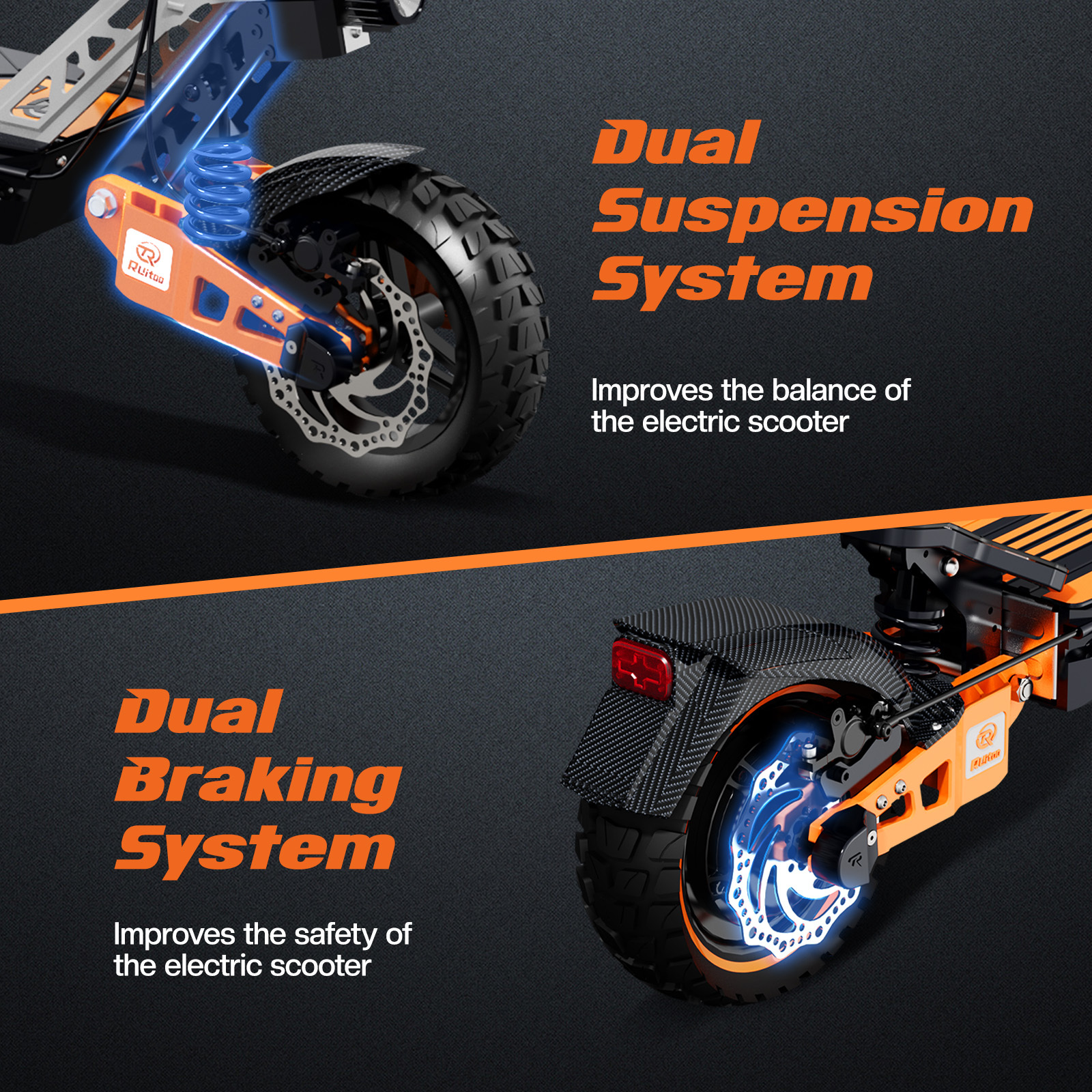 Zbliżenie koła hulajnogi elektrycznej z widocznymi amortyzatorami i hamulcami. Tekst podkreśla cechy.