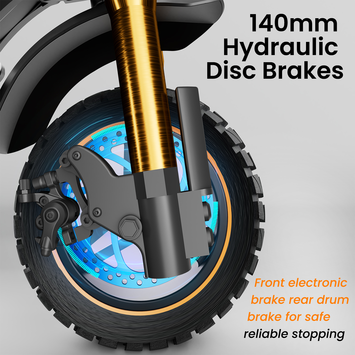 Zbliżenie koła hulajnogi z hydraulicznymi hamulcami tarczowymi 140 mm.