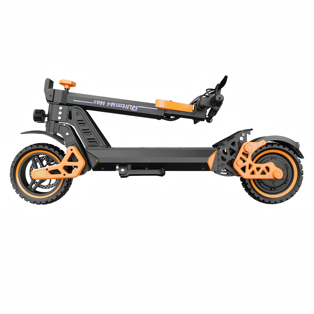 Czarna hulajnoga elektryczna z pomarańczowymi akcentami, Qicoot M4 MAX.