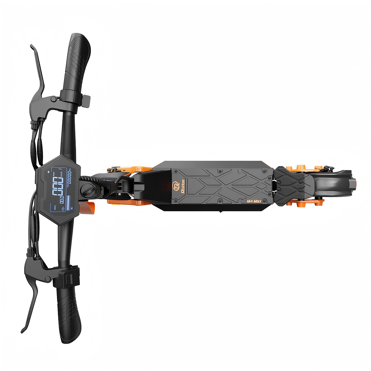 Czarna hulajnoga elektryczna z pomarańczowymi akcentami i cyfrowym wyświetlaczem.