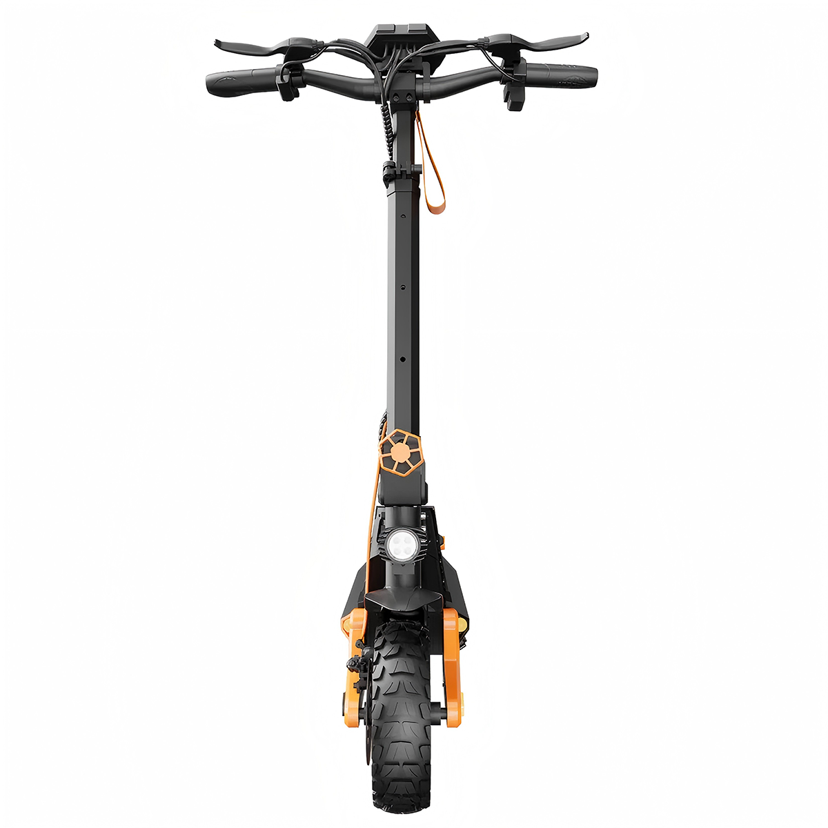 Czarny skuter elektryczny z pomarańczowymi akcentami, widok z przodu.